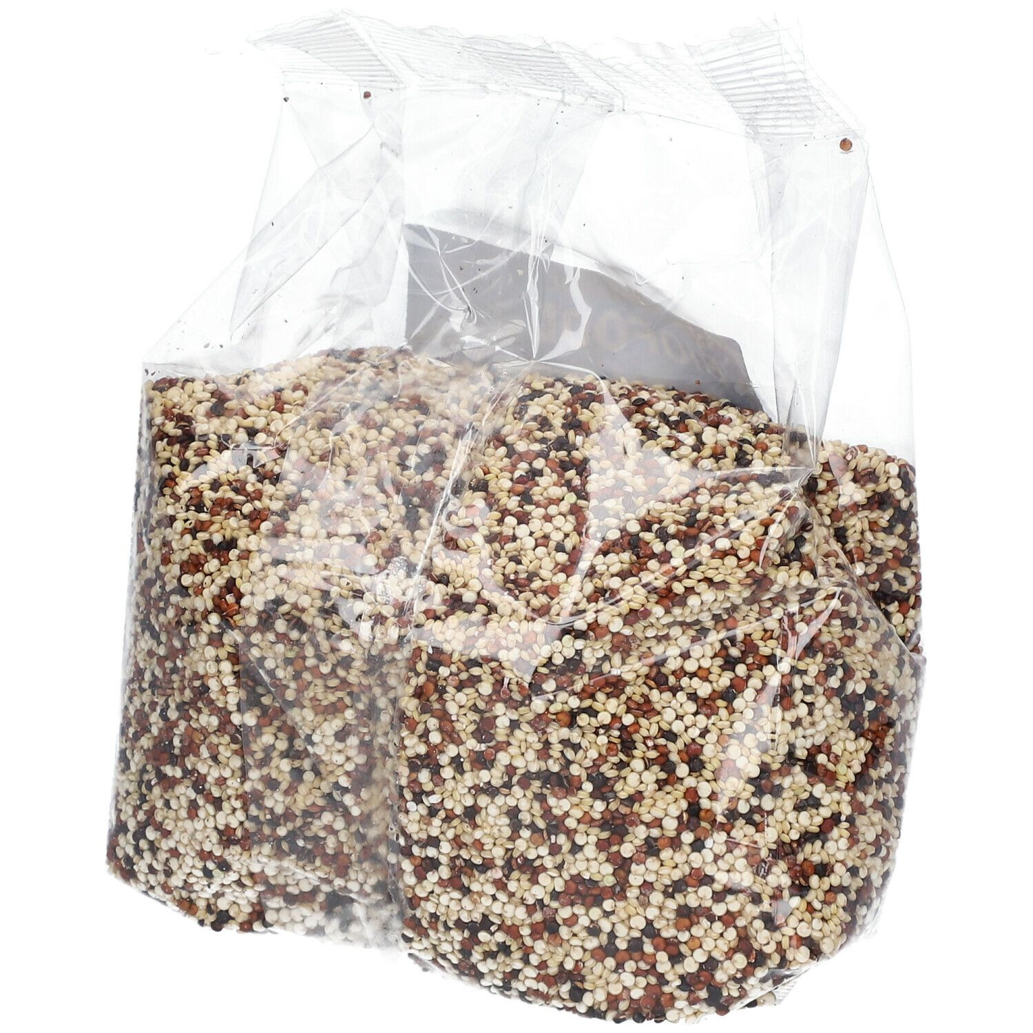 Biofood Quinoa-mix BIO in transparante verpakking. Inhoud zichtbaar. Verpakking gedeeltelijk geopend.