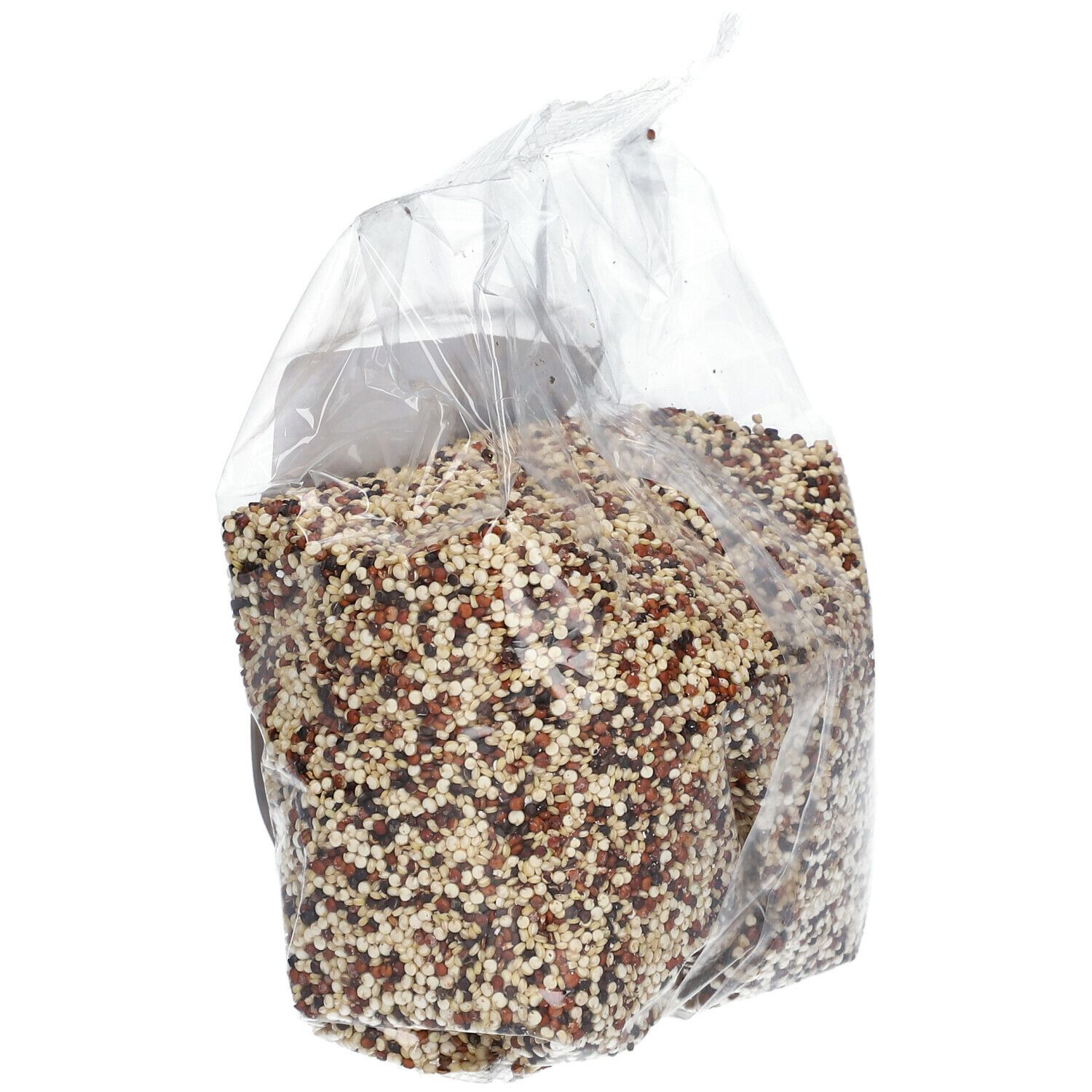 Biofood Quinoa-mix BIO in transparante verpakking. Inhoud zichtbaar. Verpakking gedeeltelijk geopend.