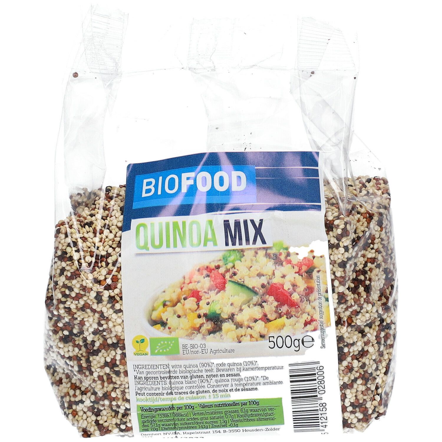 Biofood Quinoa-mix BIO in transparante verpakking. Bedrukking met productnaam, ingrediënten en logo. Inhoud: 500g.