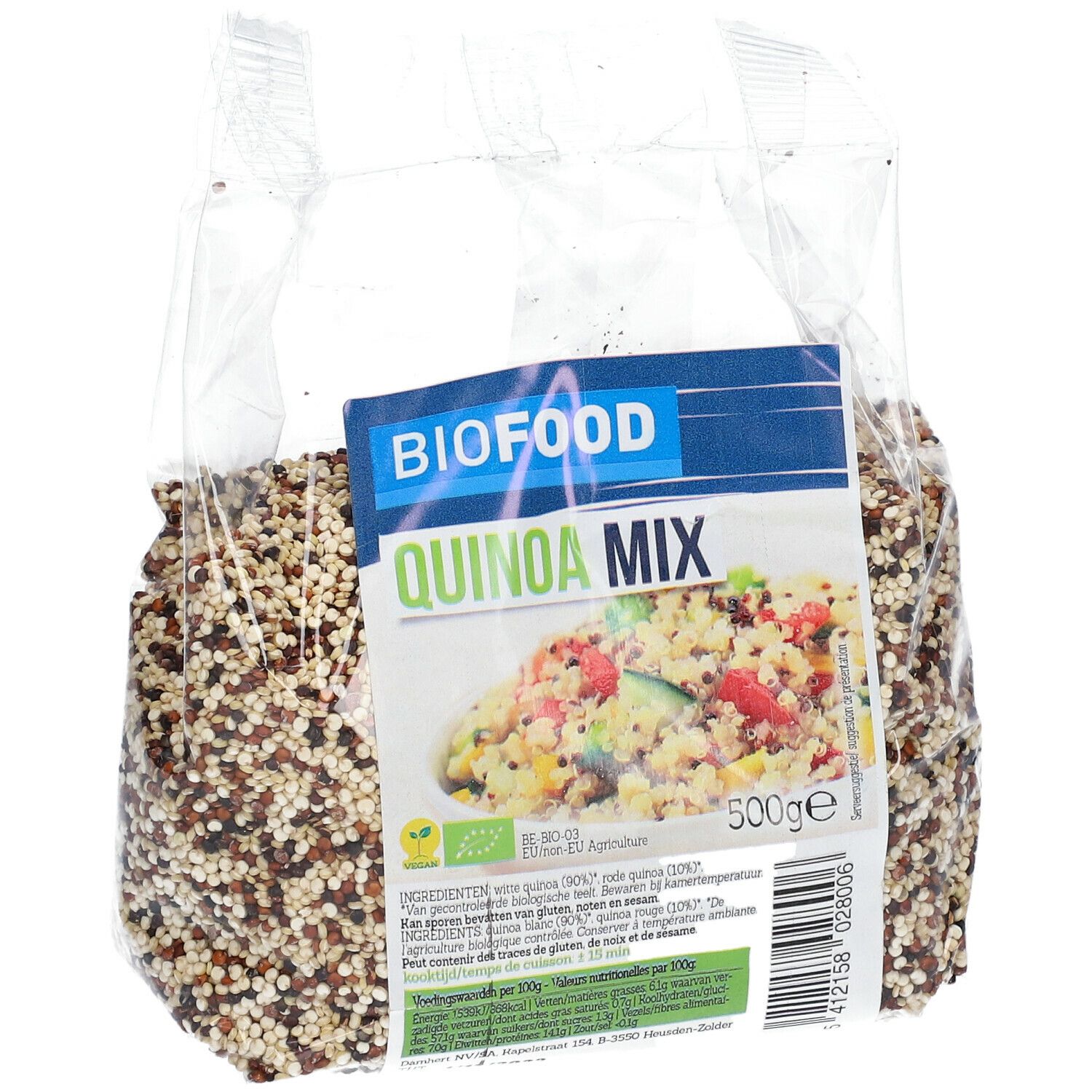 Biofood Quinoa-mix BIO in transparante verpakking. Bedrukking met productnaam, ingrediënten en logo. Inhoud: 500g.