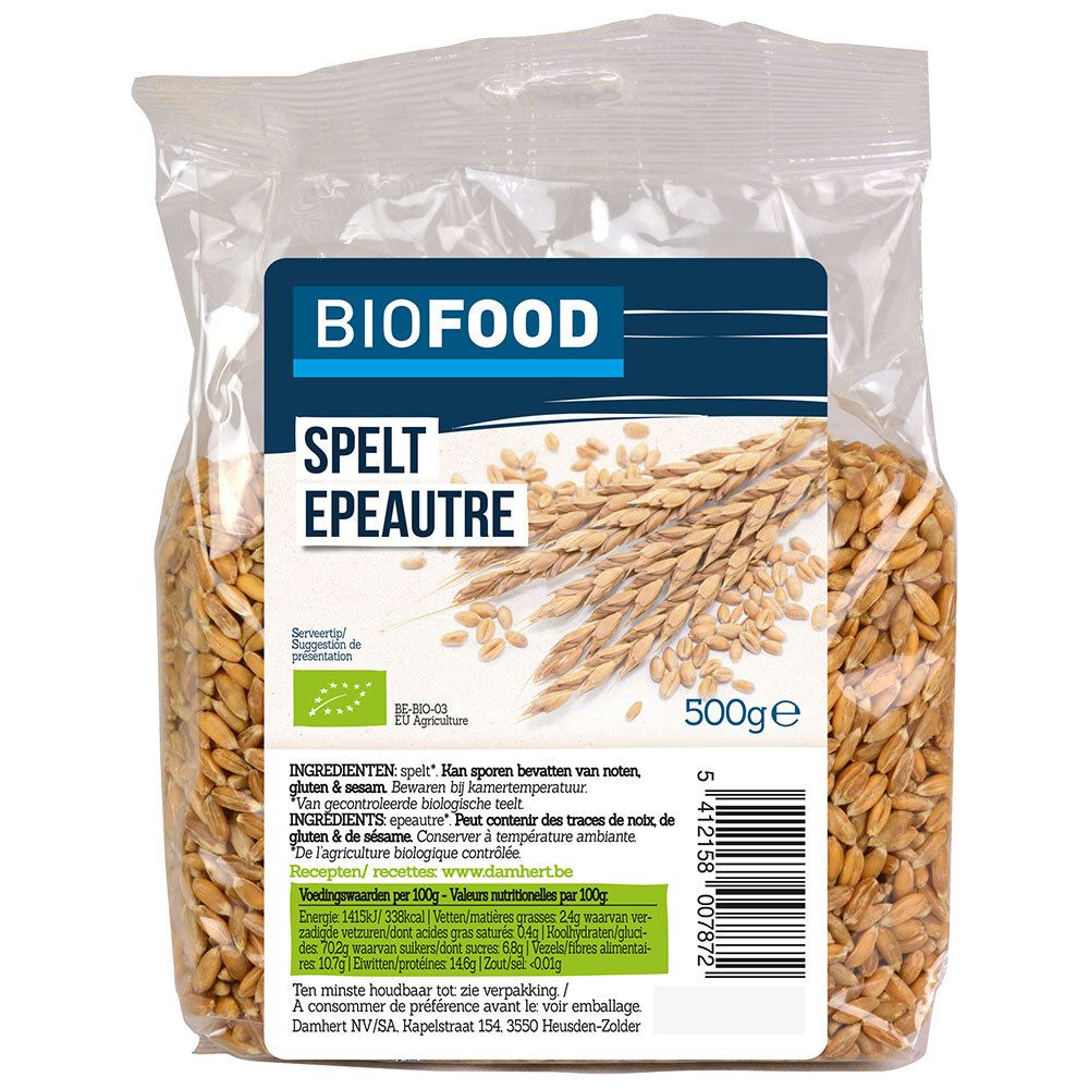 Sachet transparent de Biofood Épeautre Bio. Étiquette avec informations produit et label bio. Contenu 500g.