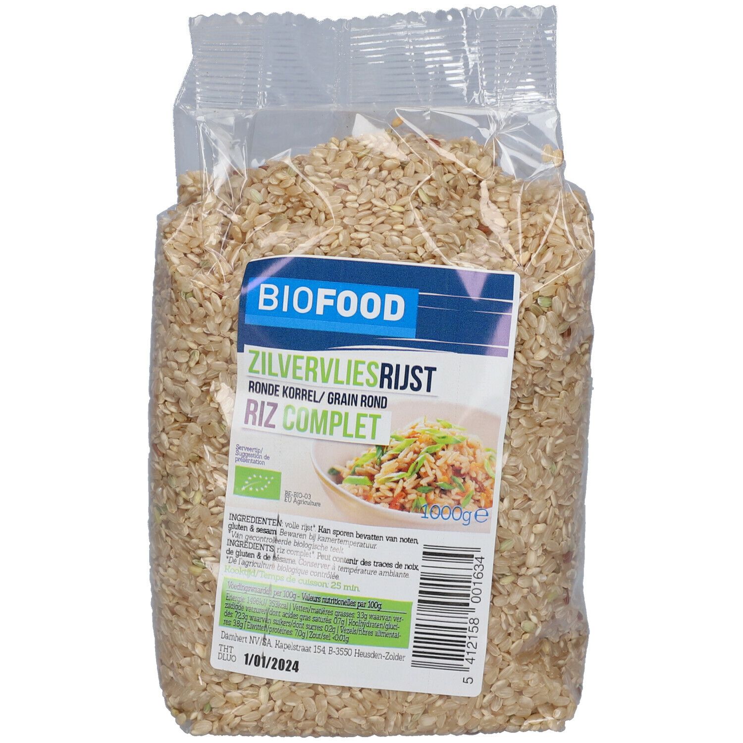 Transparante verpakking BIOFOOD volkorenrijst. Bedrukking met productnaam en ingrediënten. Bio-keurmerk.