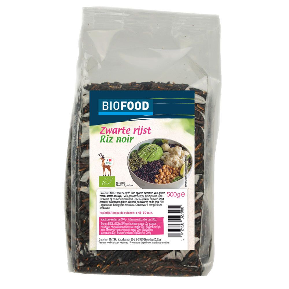 BIOFOOD Schwarzer Reis BIO in transparenter Verpackung. Label mit Produktname, Logo und Inhaltsangaben. BIO-Siegel.