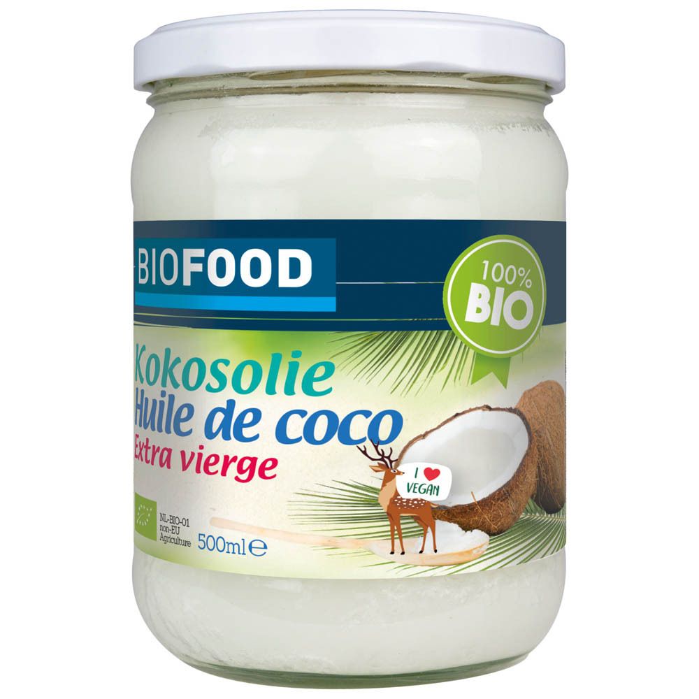Glas mit Kokosöl. Aufschrift BIOFOOD Kokosöl, HUILE DE COCO, EXTRA VIERGE. Bio-Siegel. 500ml. Vegan-Logo.