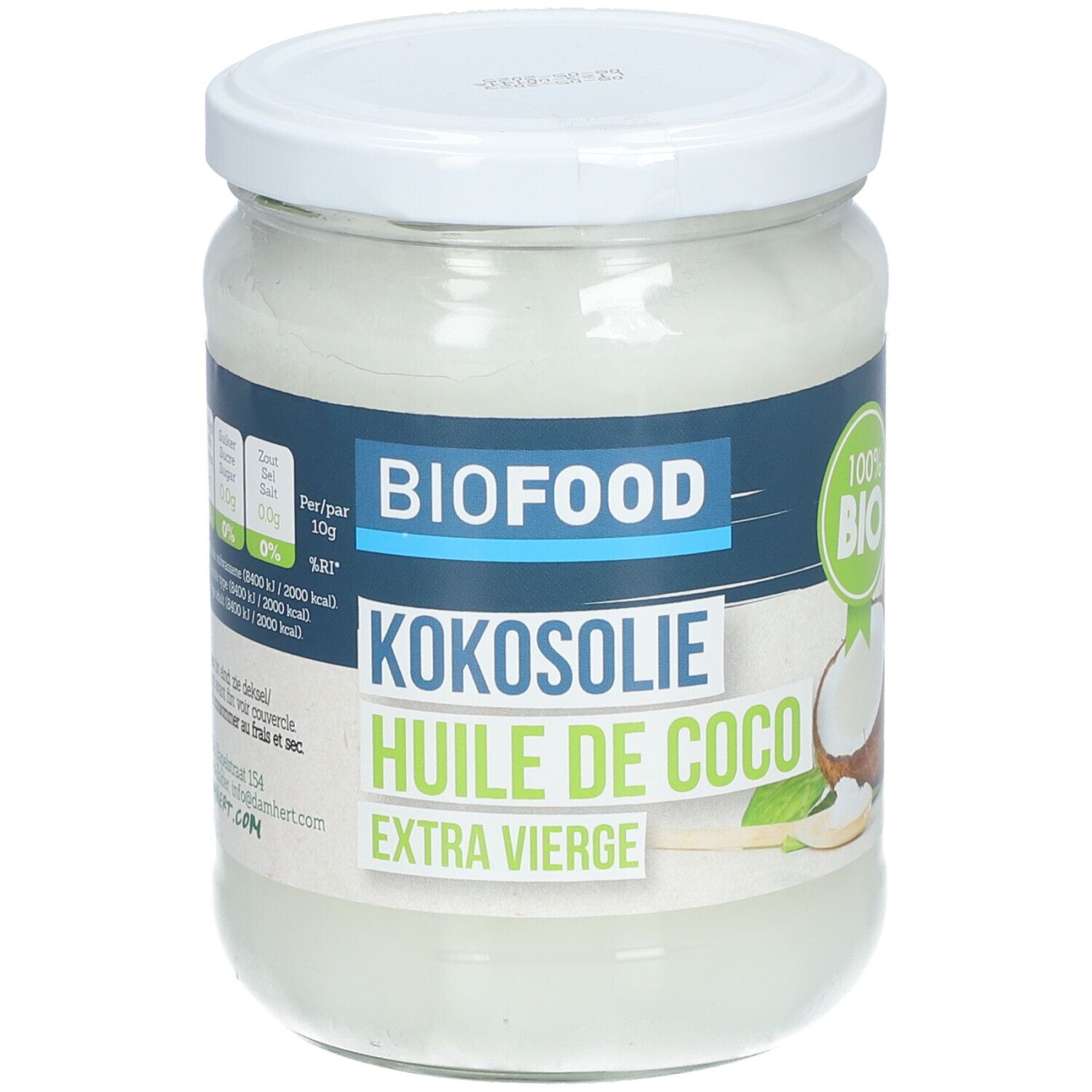 Glas mit Kokosöl. Aufschrift BIOFOOD Kokosöl, HUILE DE COCO, EXTRA VIERGE. Deckel weiß.