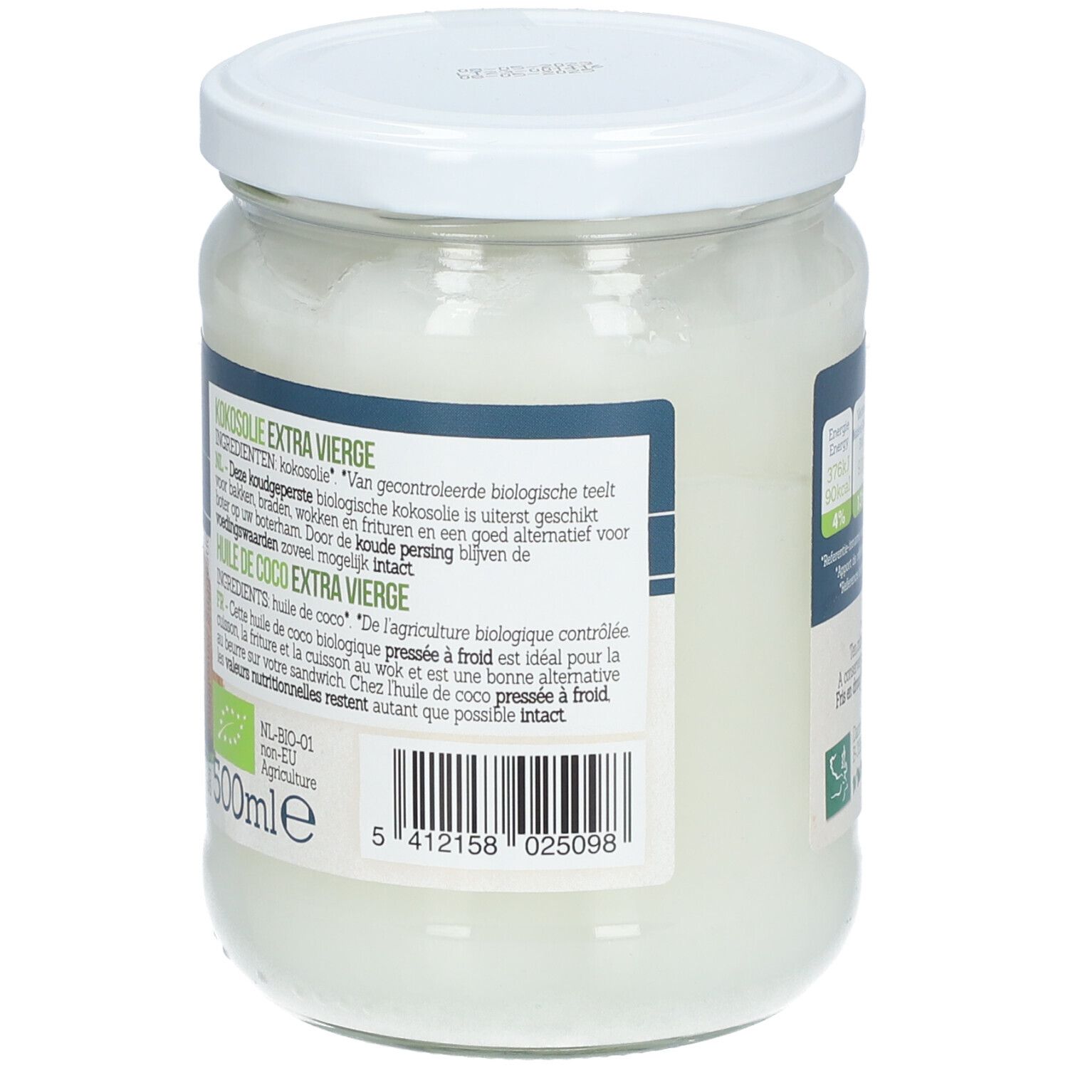 Rückseite des Kokosöl-Glases. Text über kaltgepresstes Kokosöl. Bio-Siegel. 500ml.