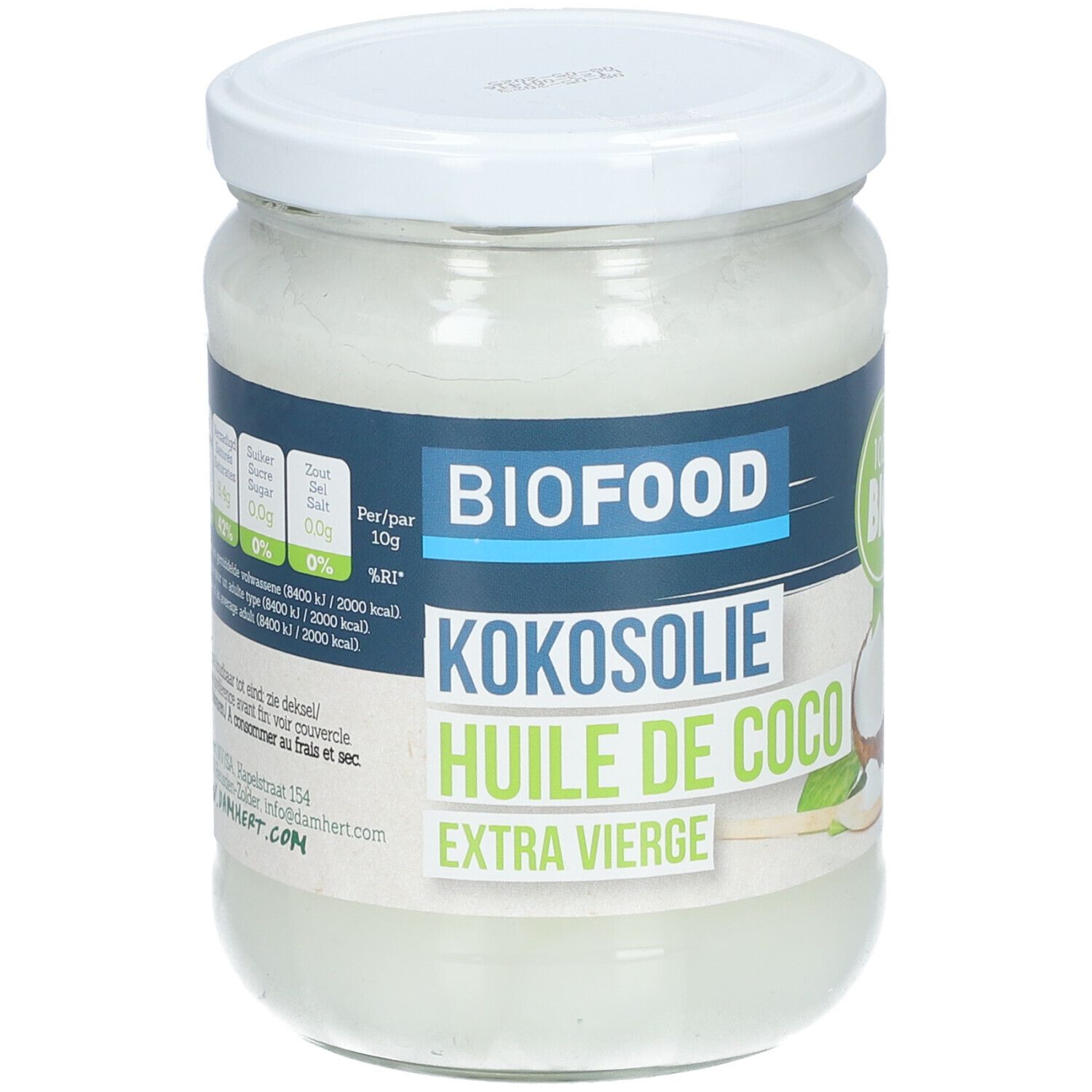 Glas mit Kokosöl. Aufschrift BIOFOOD Kokosöl, HUILE DE COCO, EXTRA VIERGE. Deckel weiß.