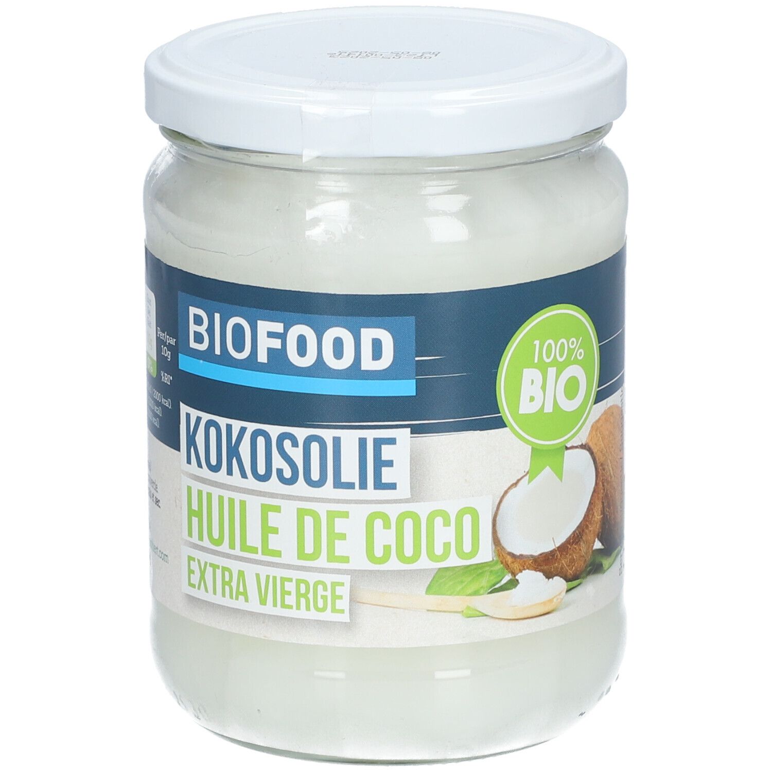 Glas mit Kokosöl. Aufschrift BIOFOOD Kokosöl, HUILE DE COCO, EXTRA VIERGE. Bio-Siegel. Kokosnuss-Illustration.