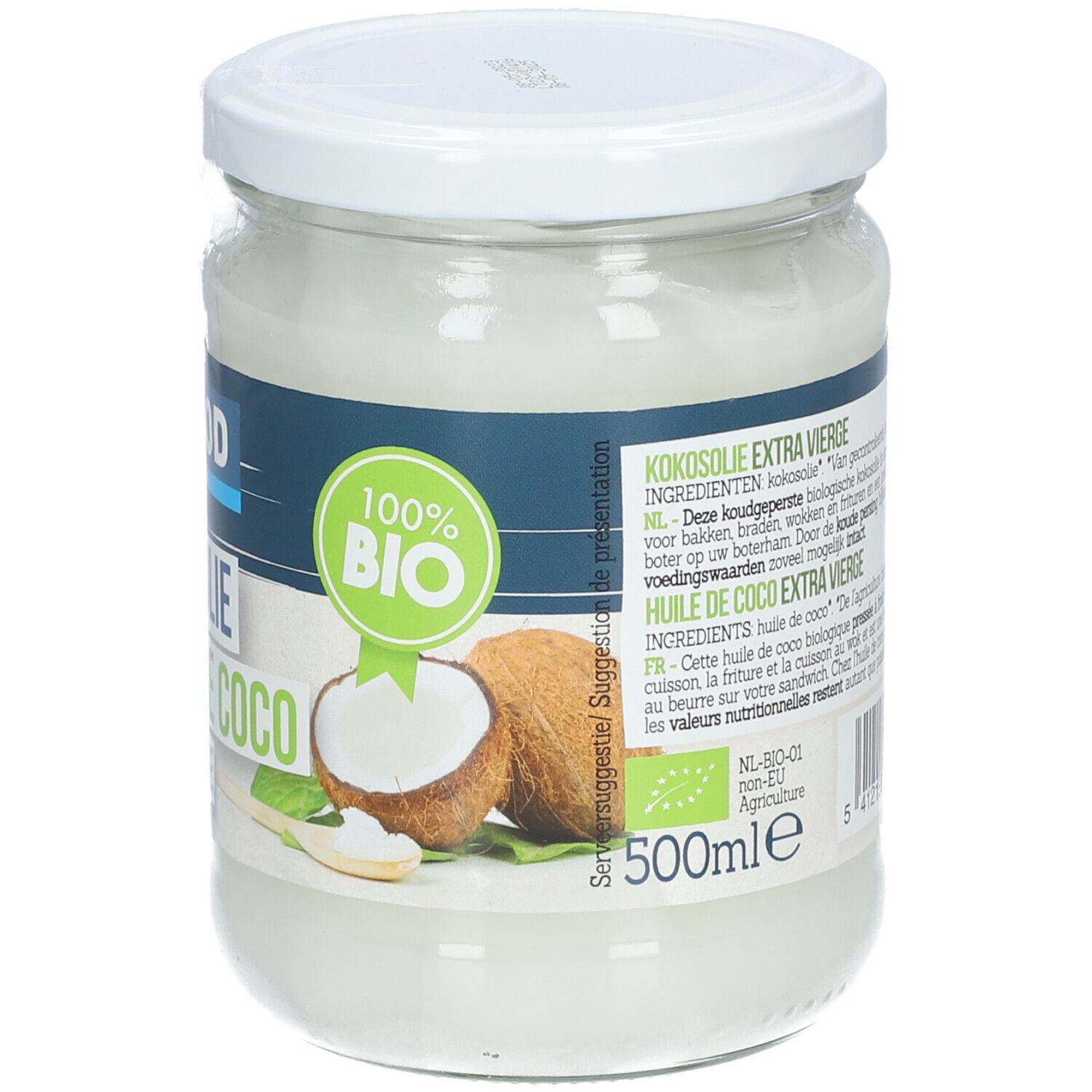 Glas mit Kokosöl. Aufschrift BIOFOOD Kokosöl, HUILE DE COCO, EXTRA VIERGE. Bio-Siegel. 500ml. Kokosnuss-Illustration.