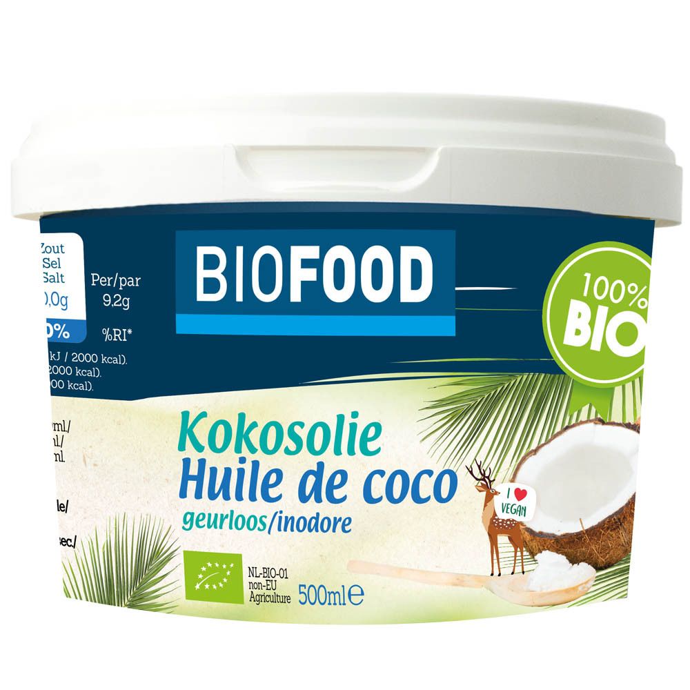 BIOFOOD Kokosolie pot. Opschrift: Kokosolie, Huile de coco, geurloos/inodore. 100% BIO-label. Lepel met kokosolie.
