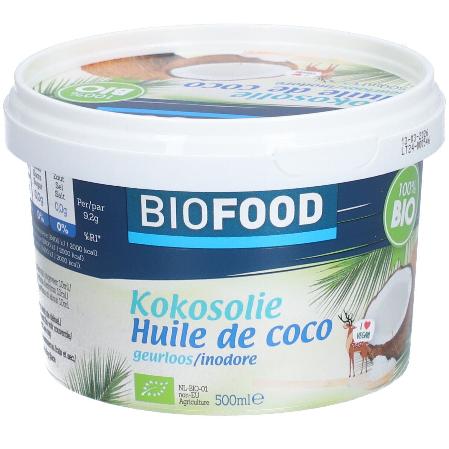 BIOFOOD Kokosolie pot. Witte deksel, blauwe band. Opschrift: Kokosolie, Huile de coco, geurloos/inodore. 100% BIO-label.