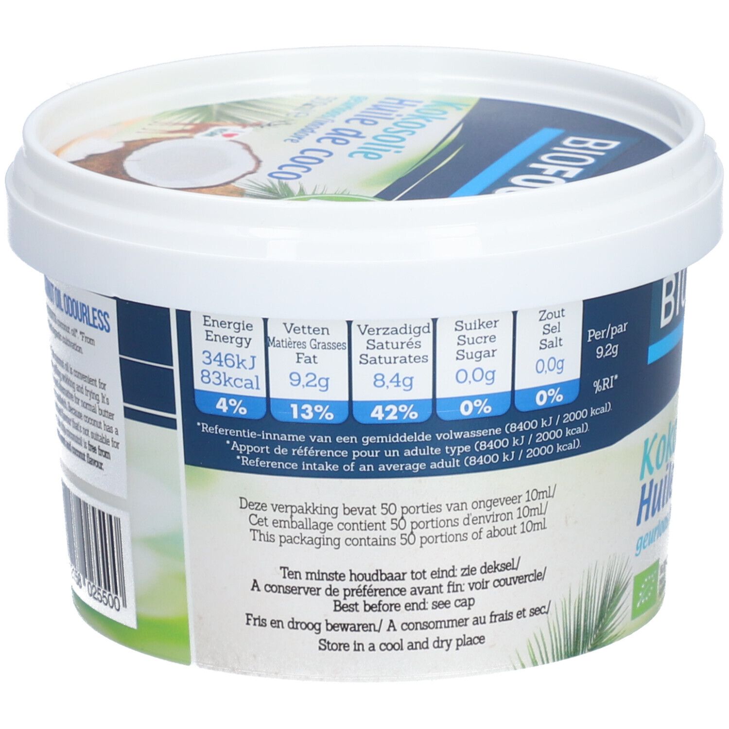 Achterkant van de BIOFOOD Kokosolie pot. Voedingswaarde-informatie, tekst in het Nederlands. Bevat 50 porties van 10ml. Ten minste houdbaar tot.
