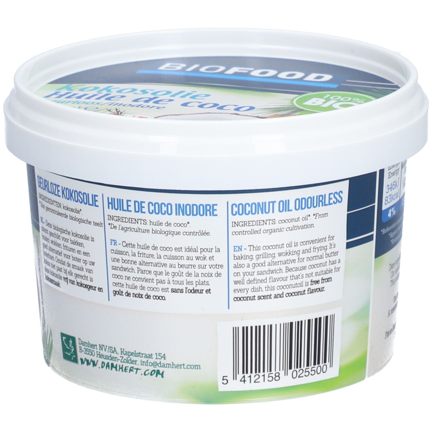 Zijkant van de BIOFOOD Kokosolie pot. Tekst in het Nederlands, Frans en Engels. Ingrediënten: kokosolie. Fabrikant informatie.