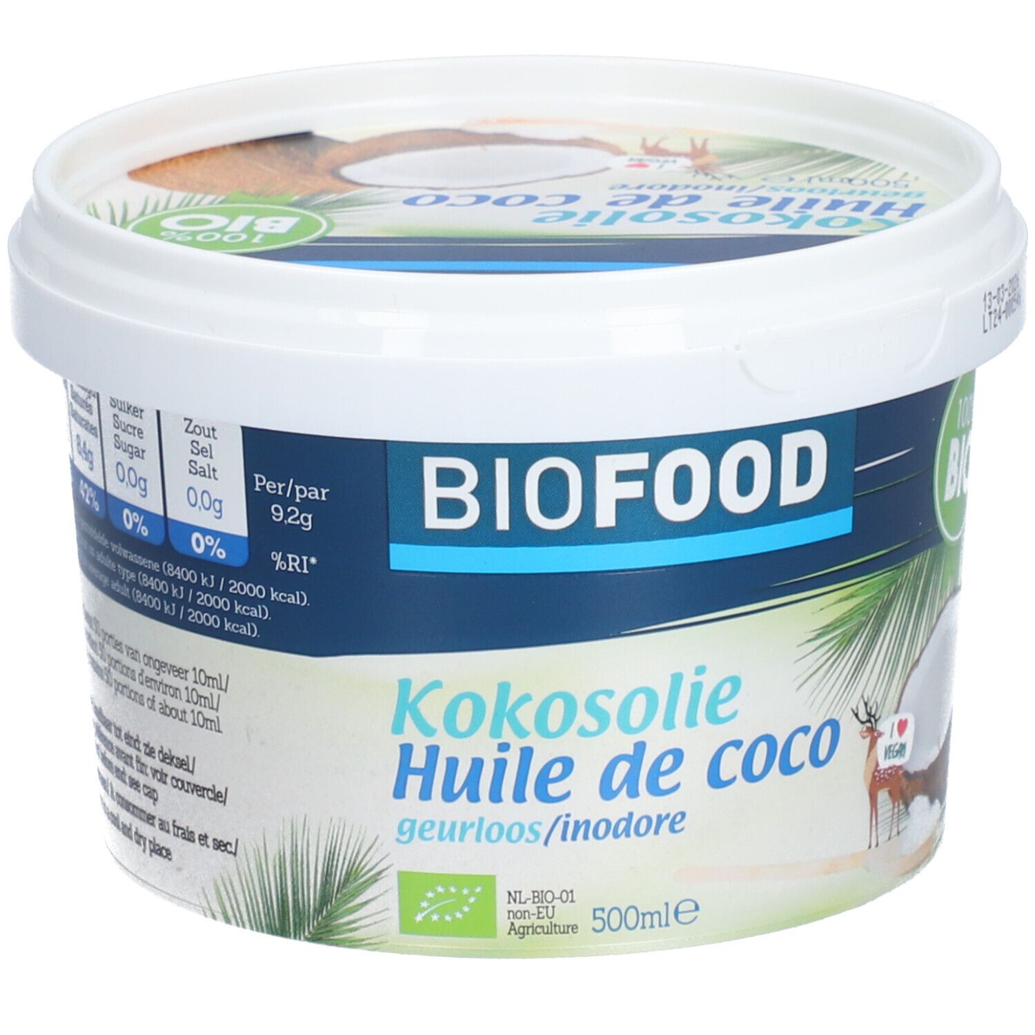 BIOFOOD Kokosolie pot. Witte deksel, blauwe band. Opschrift: Kokosolie, Huile de coco, geurloos/inodore. 100% BIO-label.