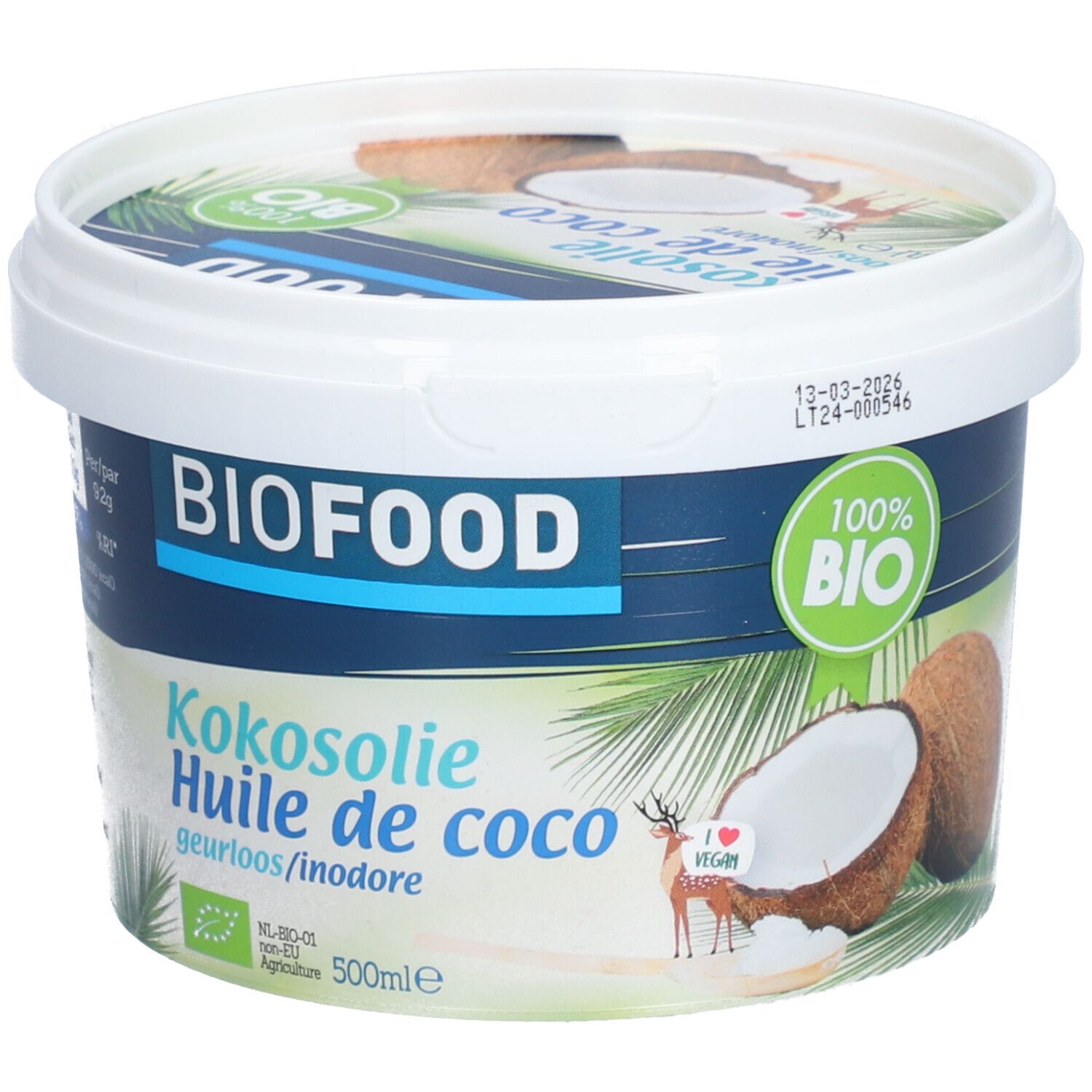 BIOFOOD Kokosolie pot. Witte deksel, blauwe band. Opschrift: Kokosolie, Huile de coco, geurloos/inodore. 100% BIO-label. Kokosnoot.