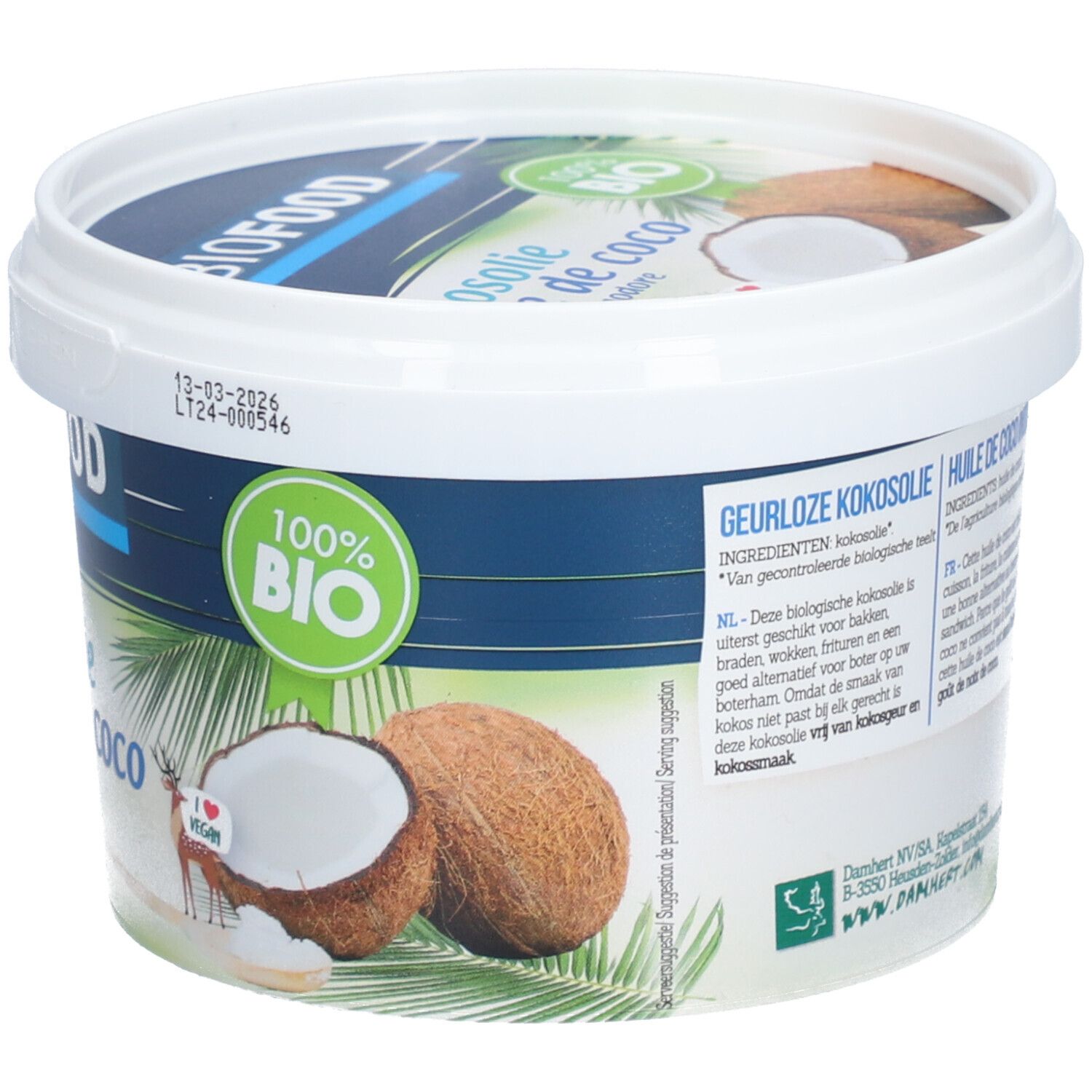 Detail van de BIOFOOD Kokosolie pot. 100% BIO-label. Kokosnoot. Ten minste houdbaar tot. Tekst in het Nederlands.