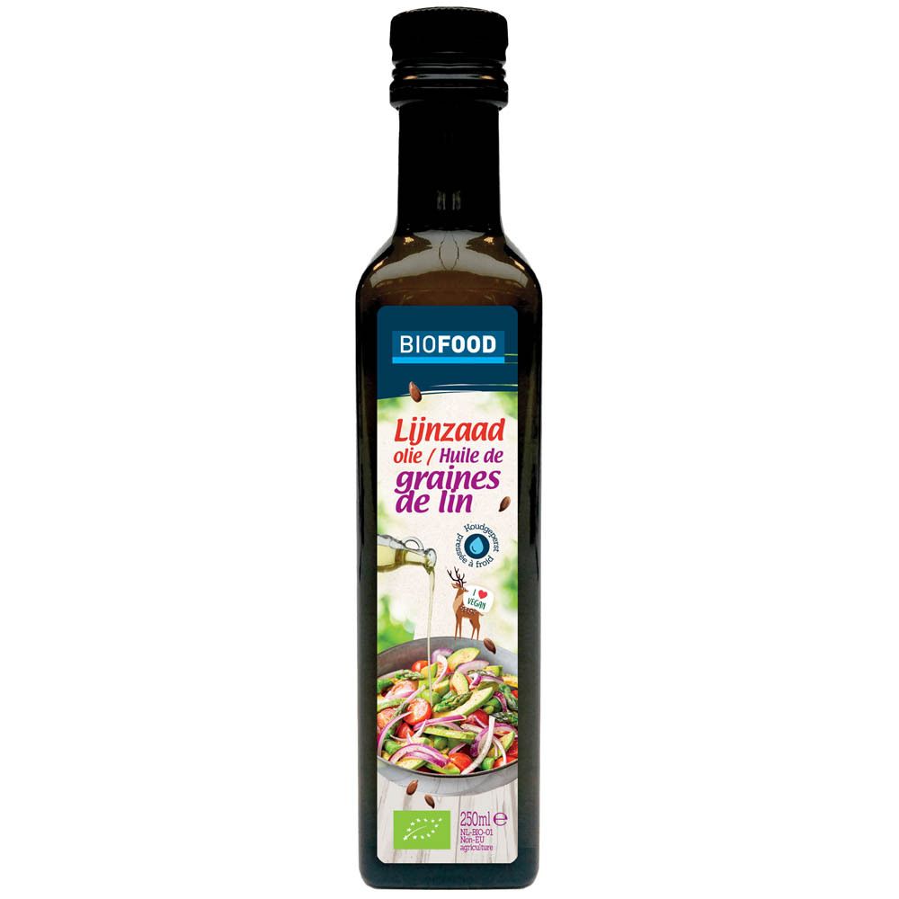 Bruine glazen fles met zwarte dop. Etiket met productnaam en afbeelding van salade. BIOFOOD-logo.
