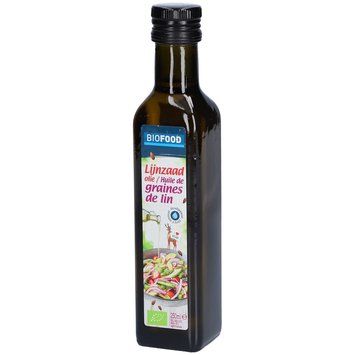 Bouteille en verre brun avec bouchon noir. Étiquette avec nom du produit et image de salade. Logo BIOFOOD.