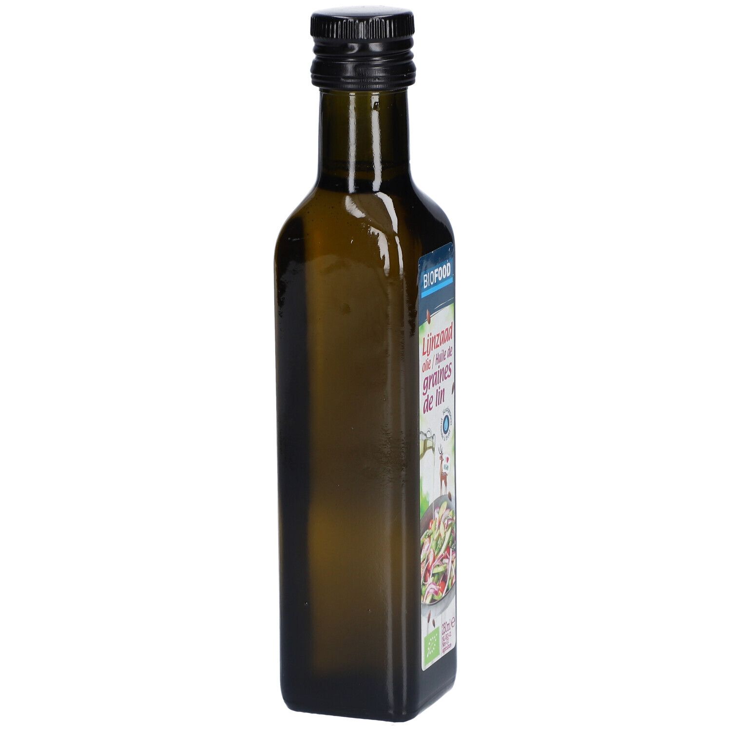 Bouteille en verre brun avec bouchon noir. Vue latérale. Étiquette partiellement visible.
