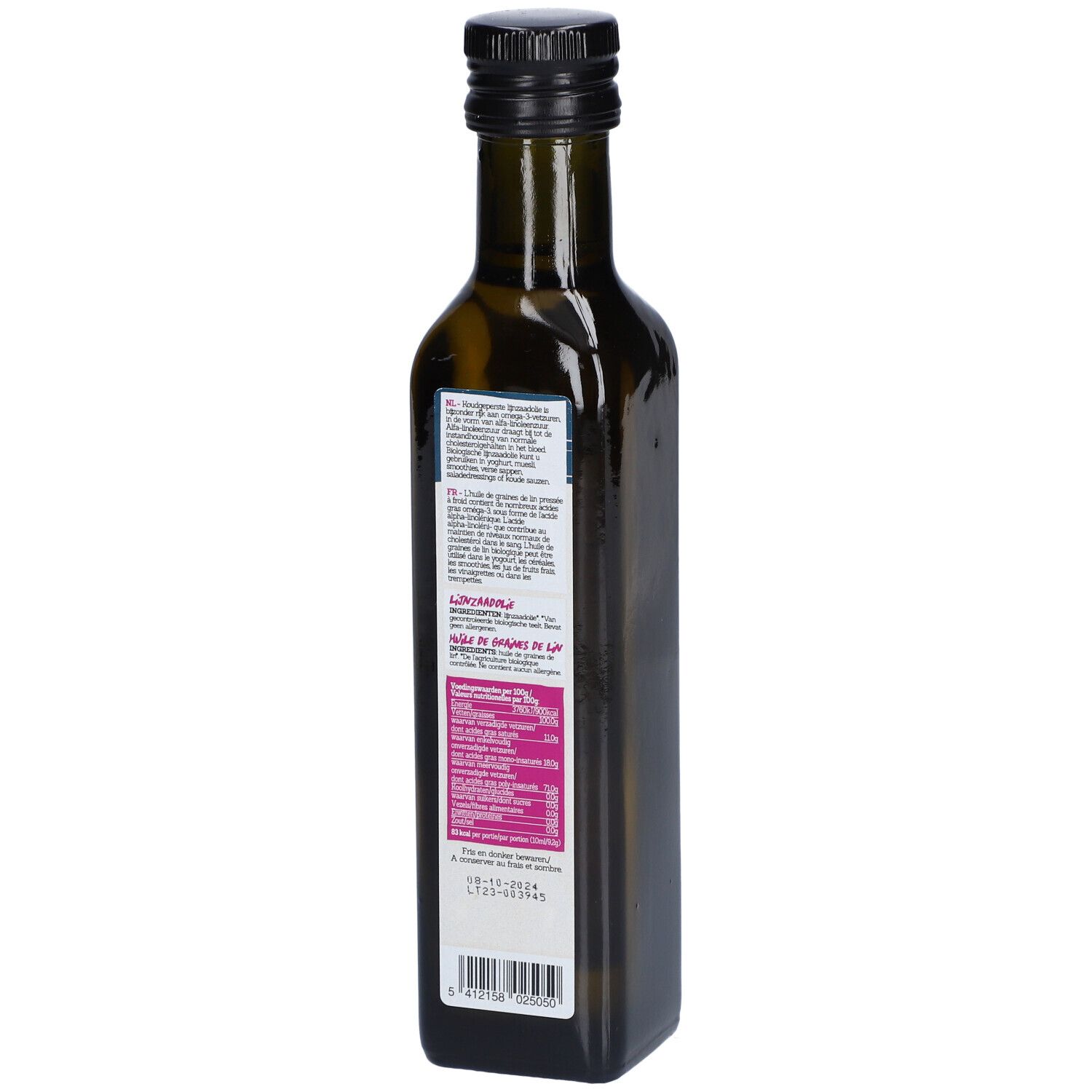 Bouteille en verre brun avec bouchon noir. Vue arrière. Étiquette avec informations.