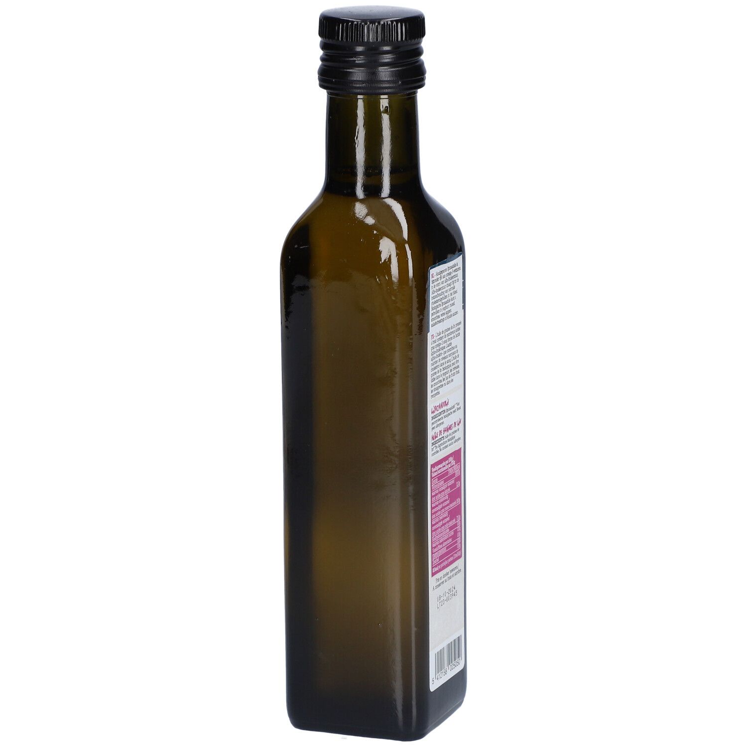Bouteille en verre brun avec bouchon noir. Vue arrière. Étiquette avec informations.