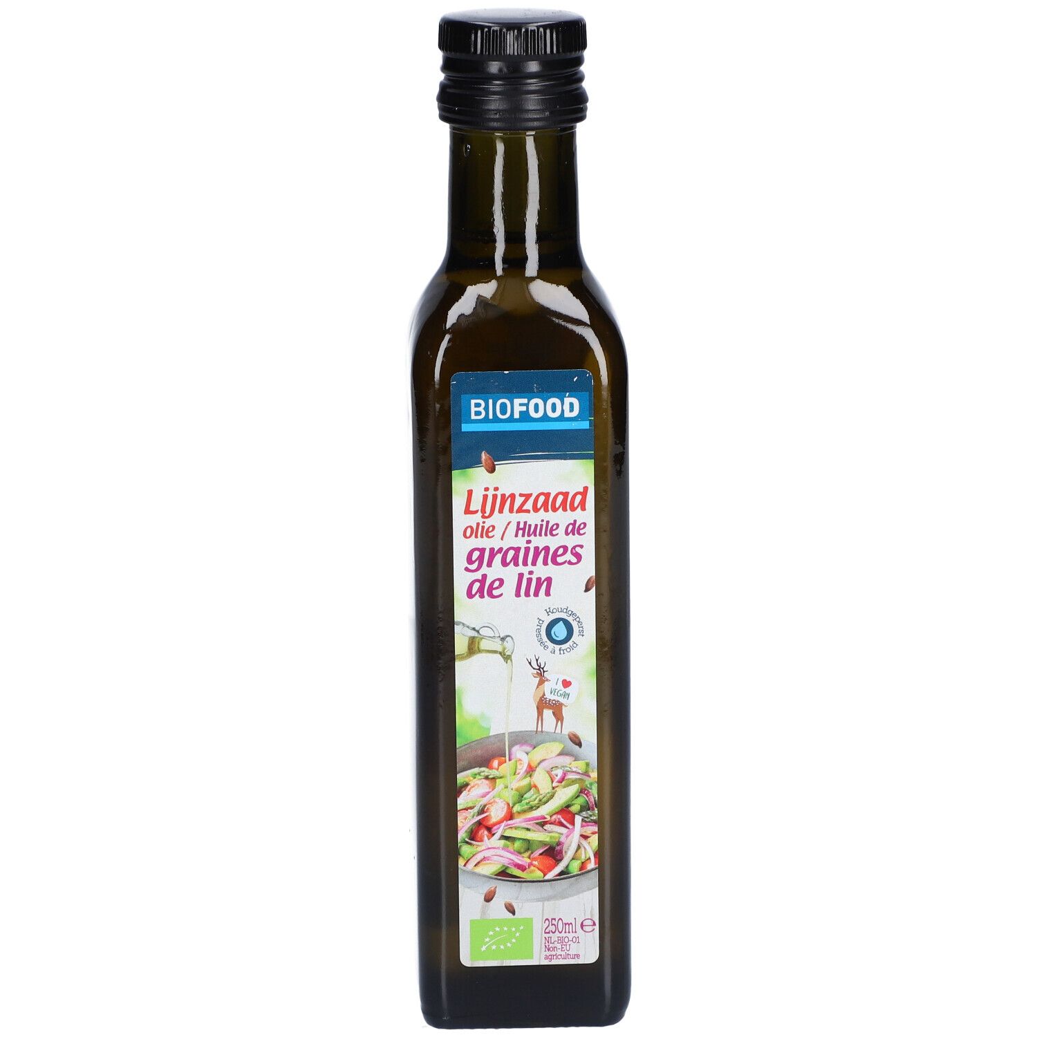Bouteille en verre brun avec bouchon noir. Étiquette avec nom du produit et image de salade. Logo BIOFOOD.