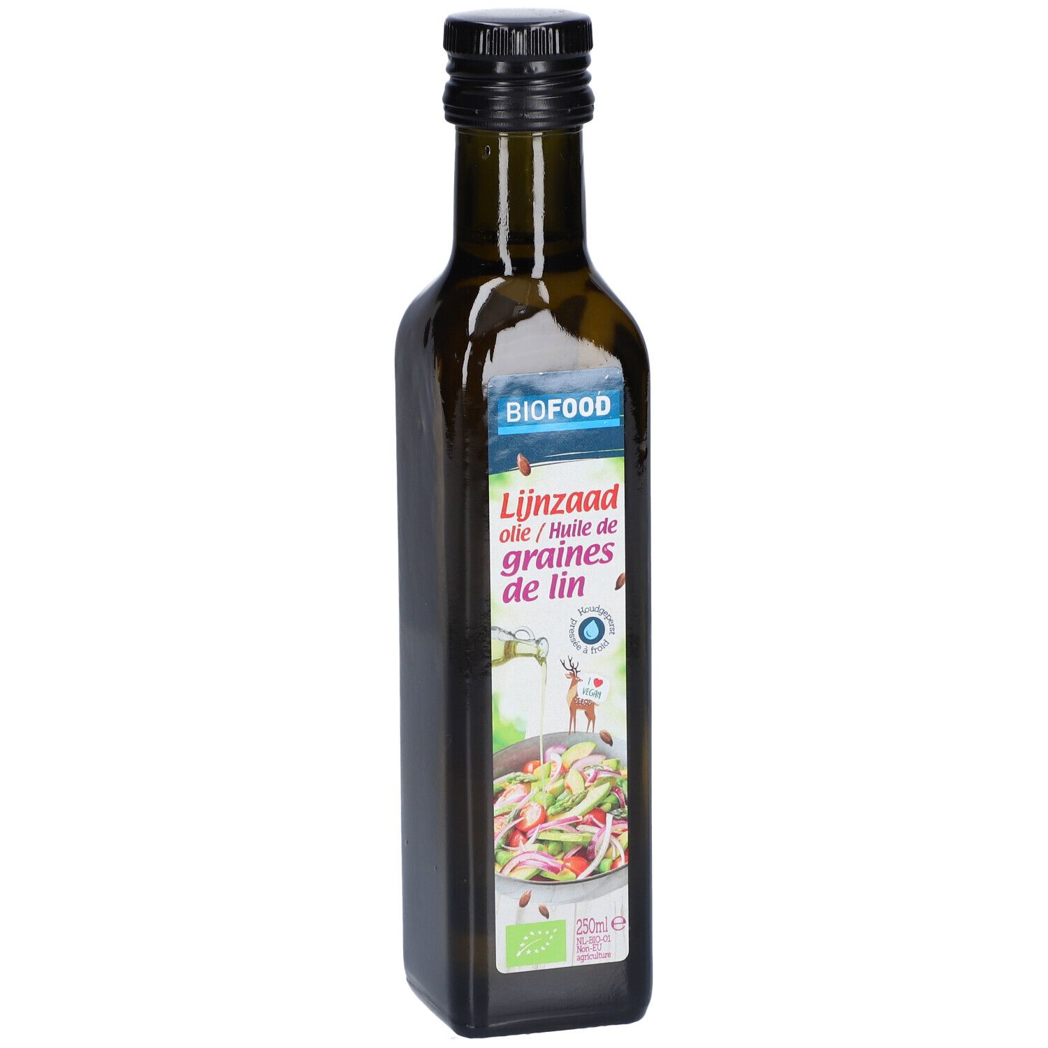 Bouteille en verre brun avec bouchon noir. Étiquette avec nom du produit et image de salade. Logo BIOFOOD.