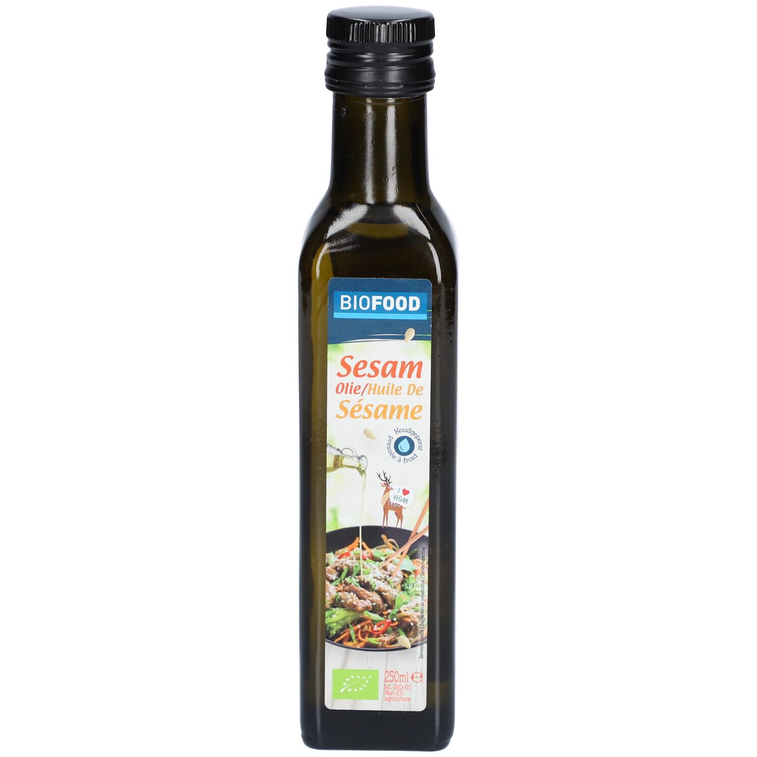 BIOFOOD sesamolie in groene glazen fles met zwarte dop. Etiket met productnaam en logo.