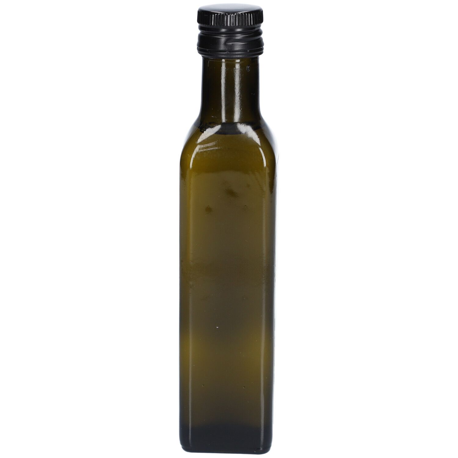 Groene glazen fles met zwarte dop. Vierkante vorm, leeg.
