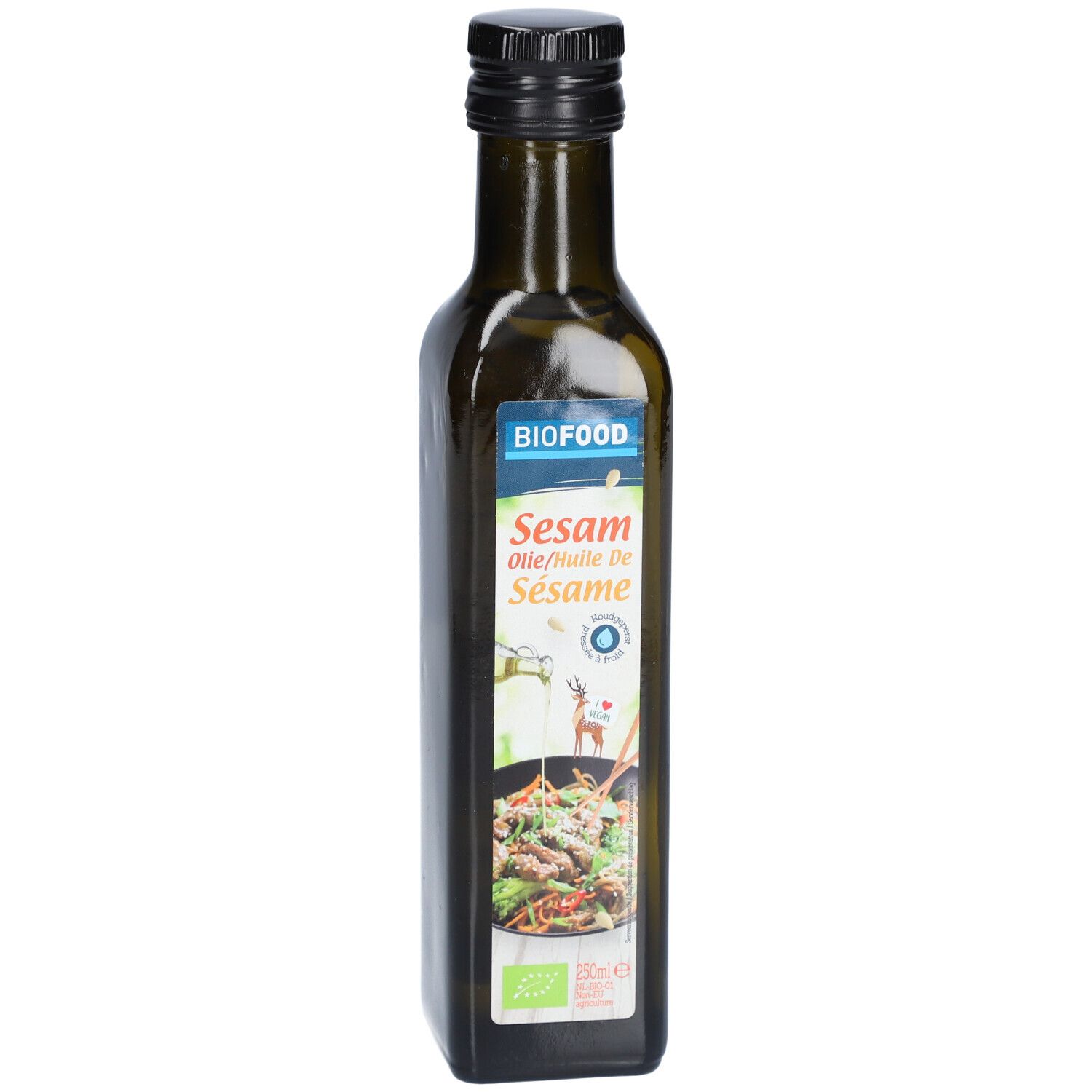 BIOFOOD sesamolie in groene glazen fles. Etiket met productnaam, logo en afbeelding.