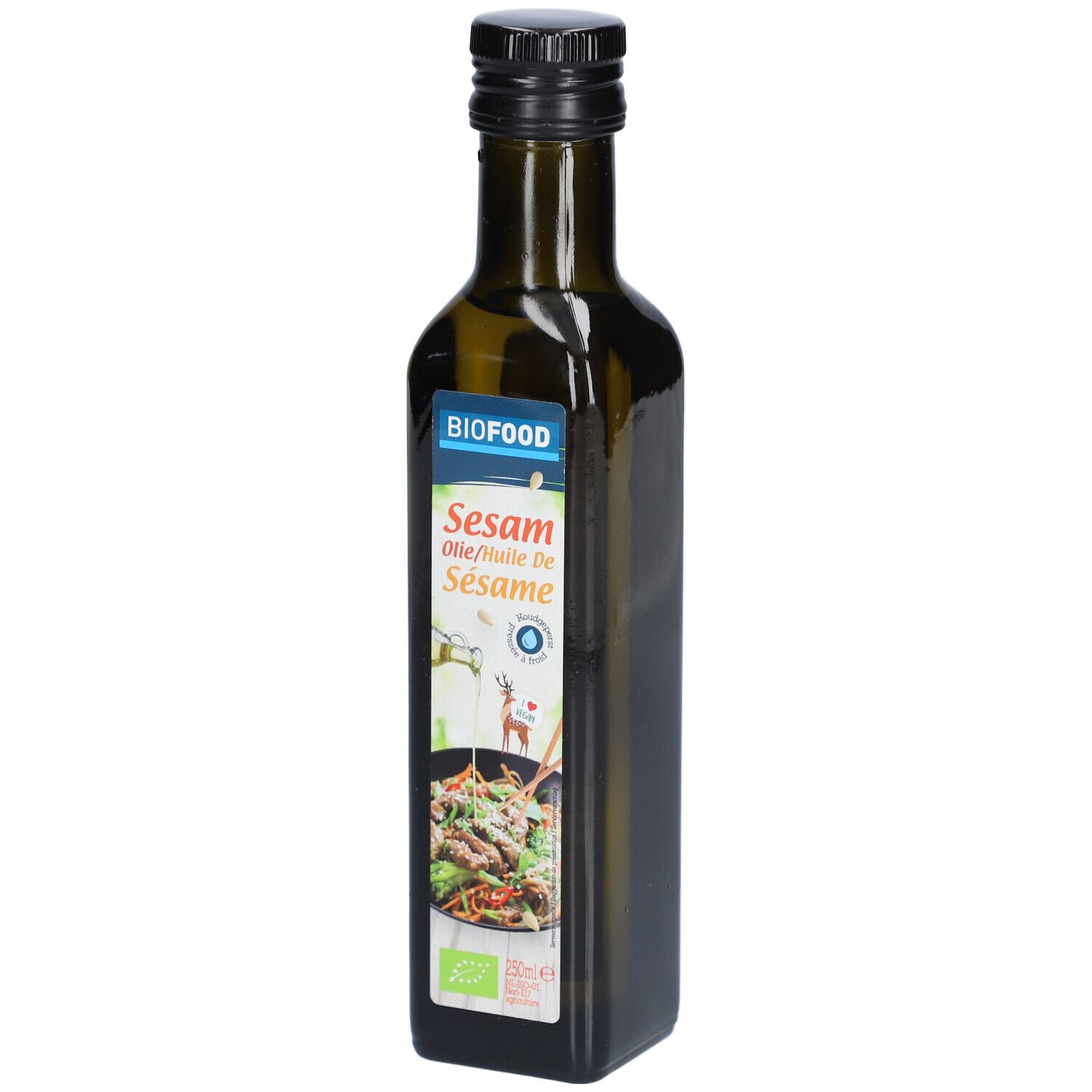 BIOFOOD sesamolie in groene glazen fles. Etiket met productnaam, logo en afbeelding.