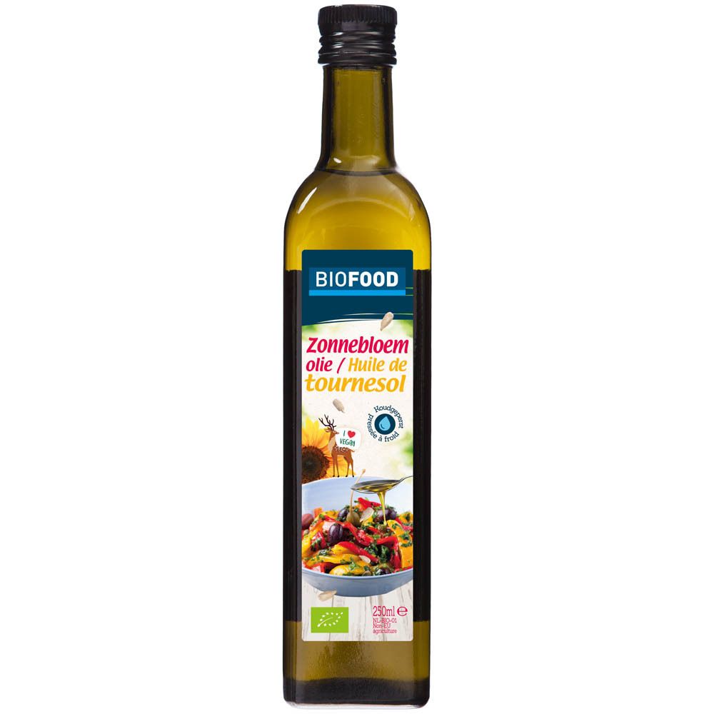 Groene glazen fles met zwarte dop. Etiket met BIOFOOD, zonnebloemolie en gerecht illustratie.