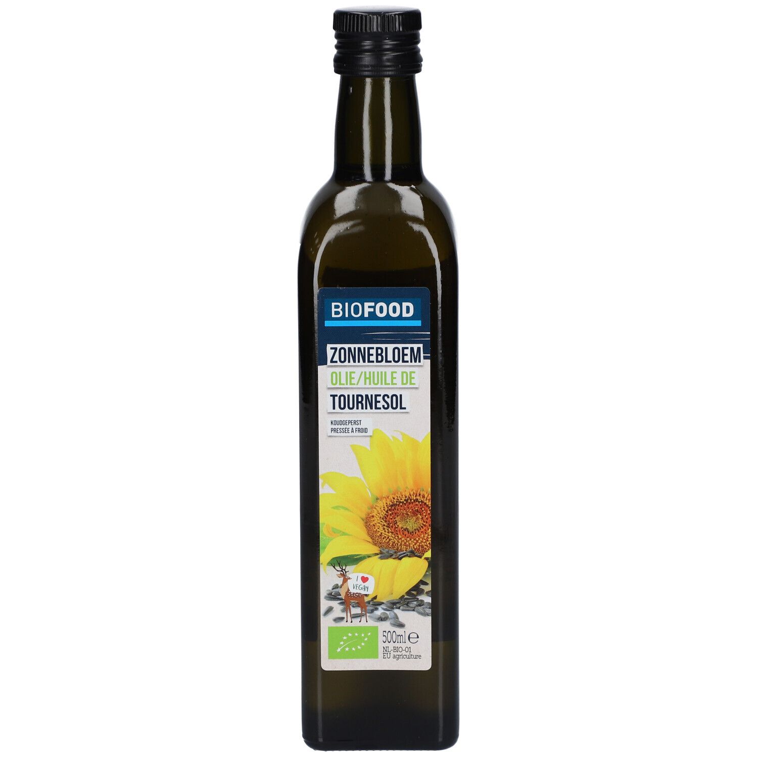 Groene glazen fles met zwarte dop. Etiket met BIOFOOD, zonnebloemolie en zonnebloem illustratie.