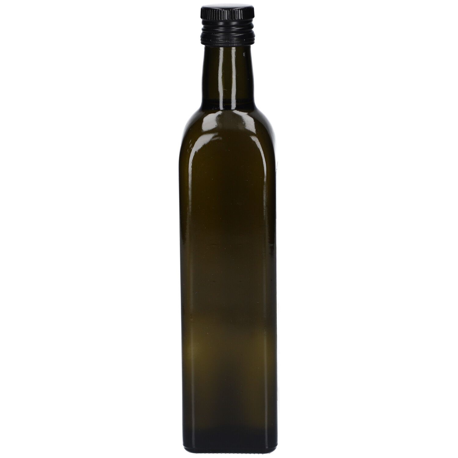 Hoge, groene glazen fles met zwarte dop. Vierkante doorsnede.