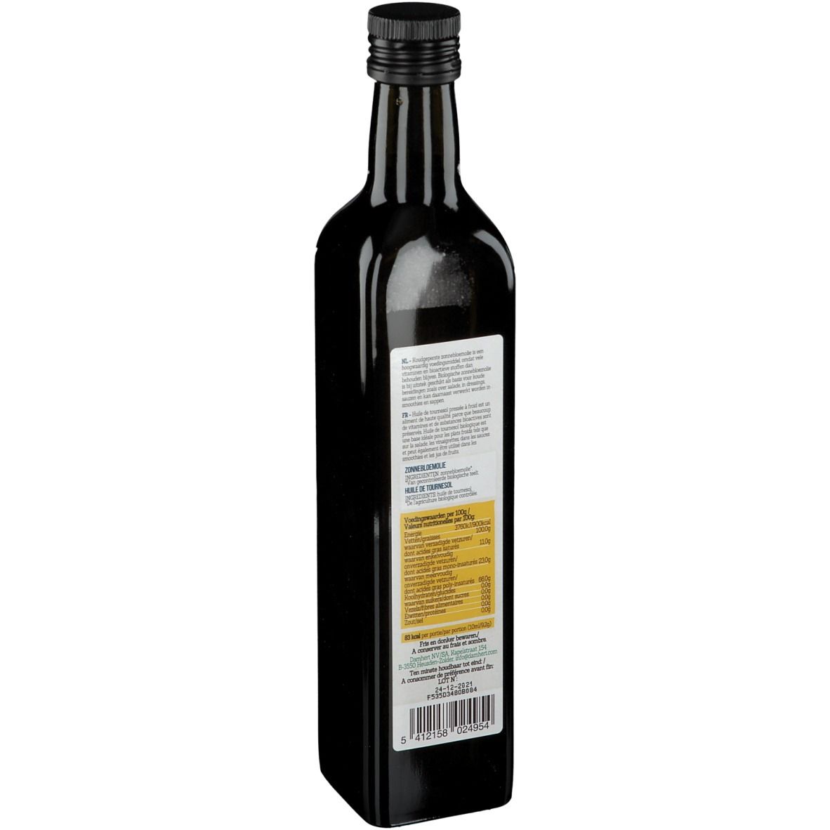 Groene glazen fles met zwarte dop. Achterkant met etiket, tekst en voedingswaarde.