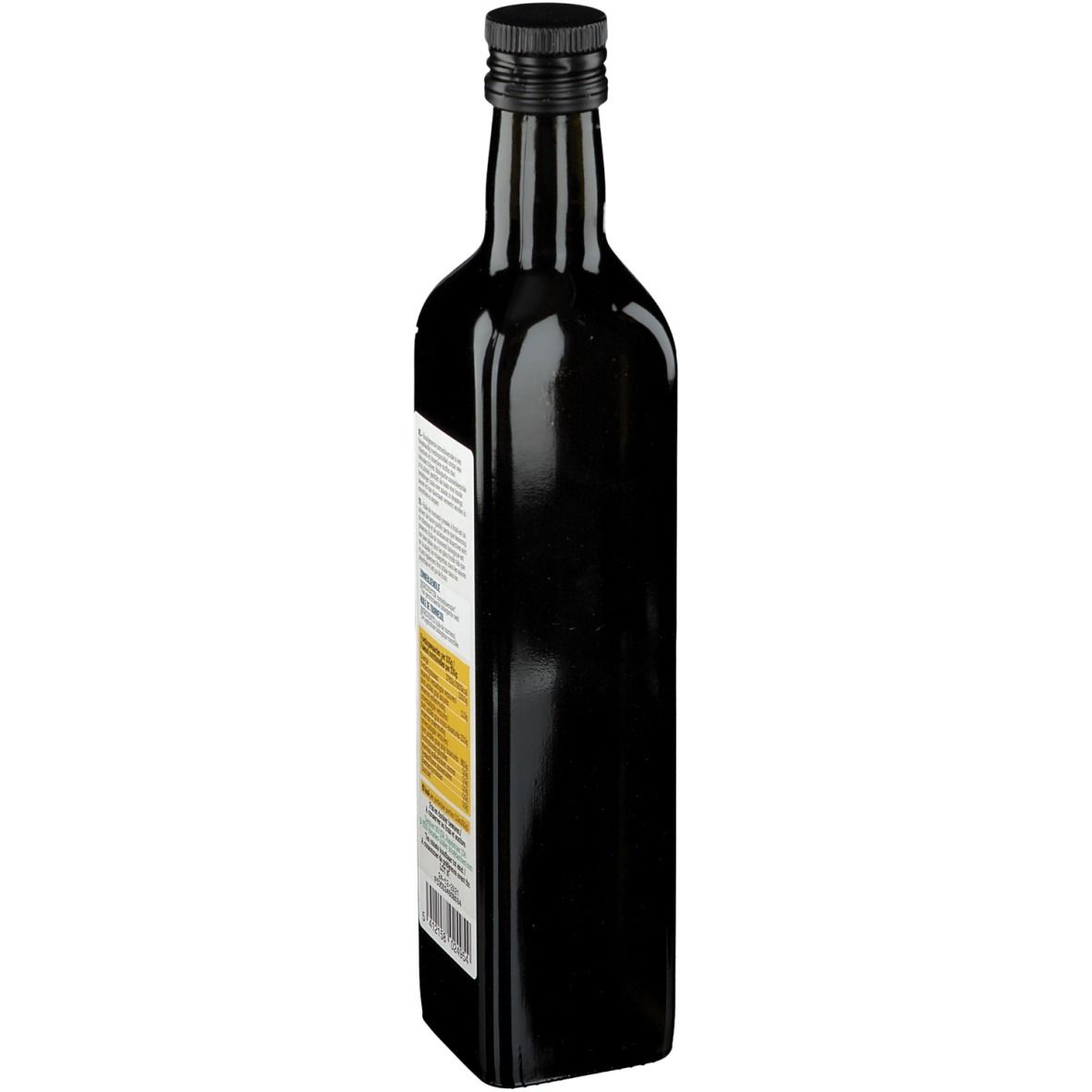 Groene glazen fles met zwarte dop. Achteraanzicht met etiket en tekst.