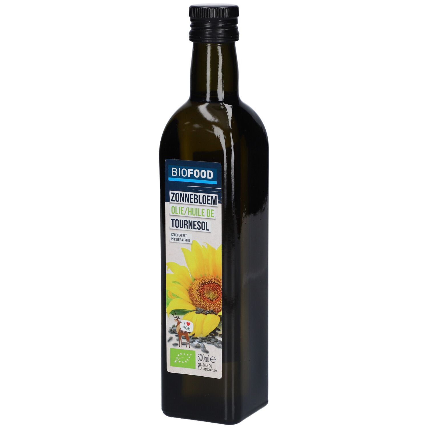 Groene glazen fles met zwarte dop. Etiket met BIOFOOD, zonnebloemolie en zonnebloem illustratie.