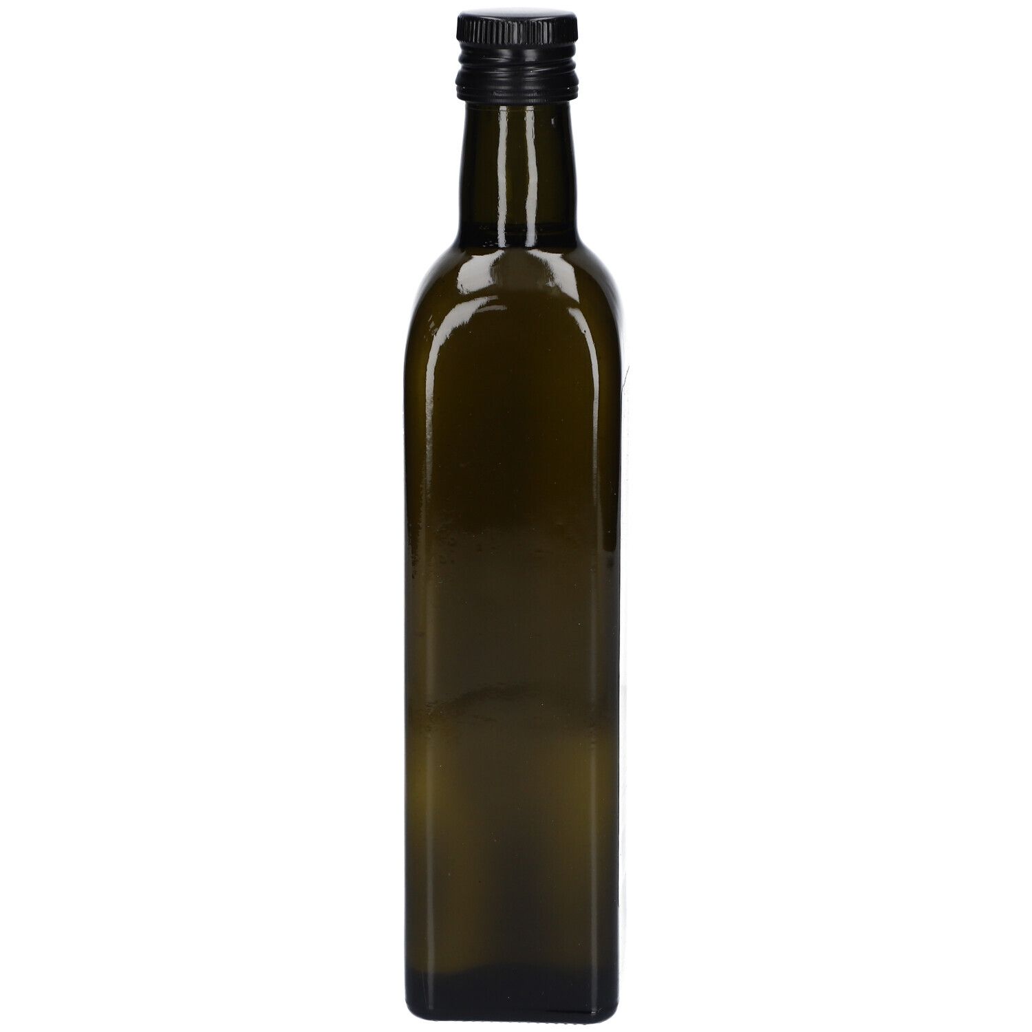 Hoge, groene glazen fles met zwarte dop. Vierkante doorsnede.