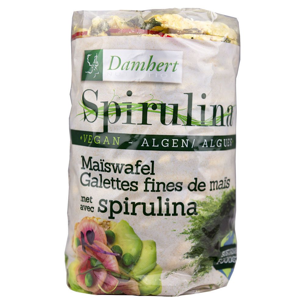 Emballage de galettes de riz à la spiruline. Marque Damhert. Vegan. Galettes fines de maïs. Images d'algues et d'avocat.