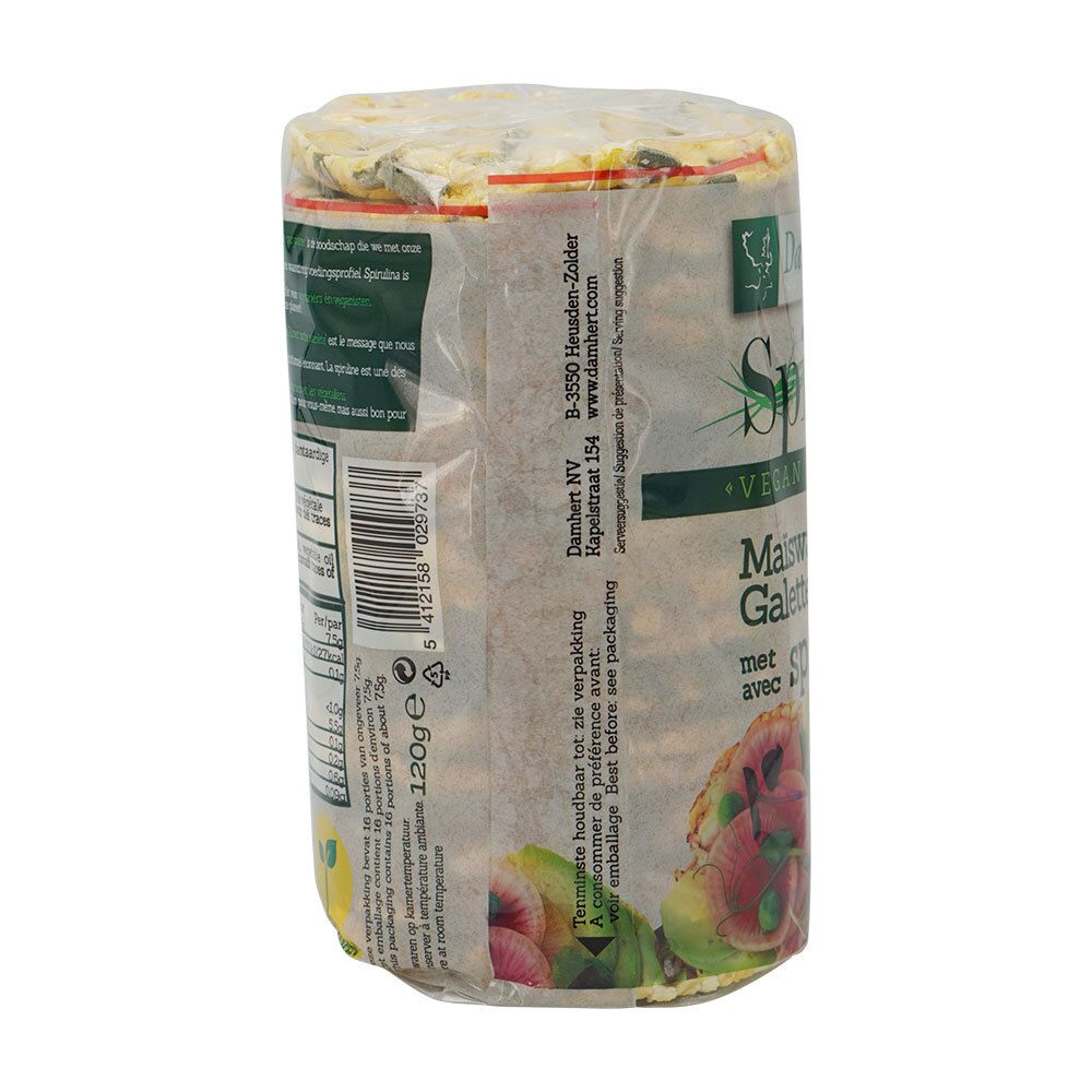 Emballage cylindrique de galettes de riz à la spiruline. Marque Damhert. Vegan. Galettes fines de maïs. 120g.