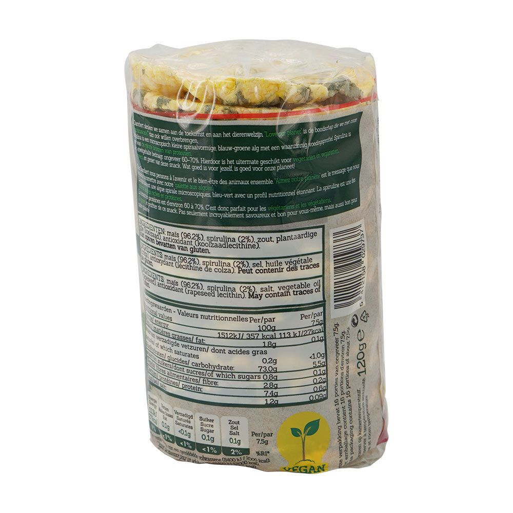 Emballage cylindrique de galettes de riz à la spiruline. Dos avec informations nutritionnelles. Vegan. 120g. Marque Damhert.