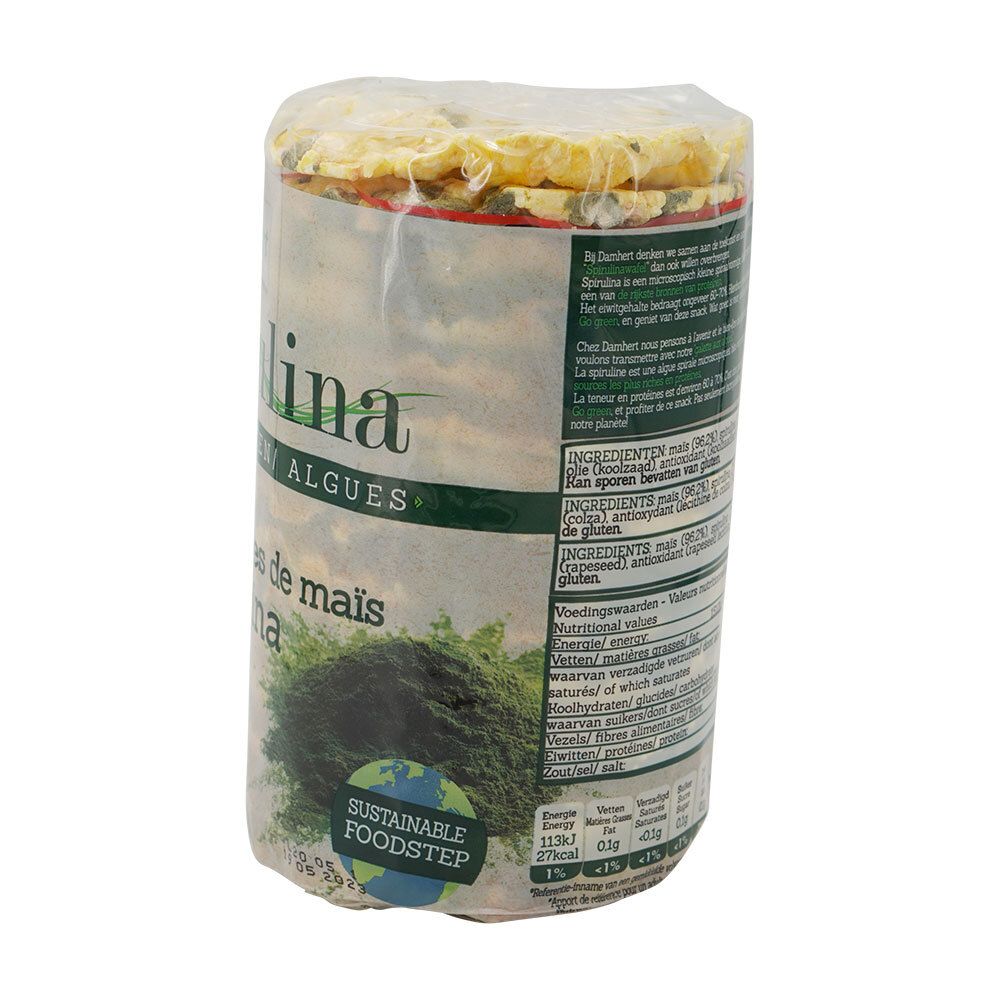 Emballage cylindrique de galettes de riz à la spiruline. Marque Damhert. Vegan. Galettes fines de maïs. Sustainable Foodstep.