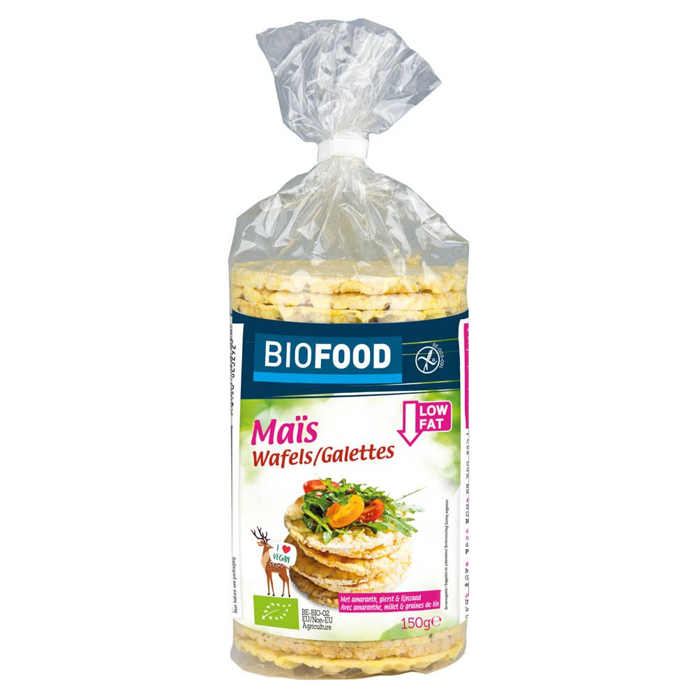 BIOFOOD Maïs Wafels/Galettes en emballage plastique. Inscription : Maïs, Low Fat. Label bio.