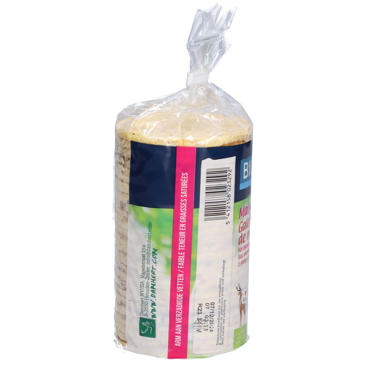 Vue latérale des galettes de maïs BIOFOOD. Emballage plastique. Inscription : Maiswafels, Galettes fines de mais. Informations sur les graisses.