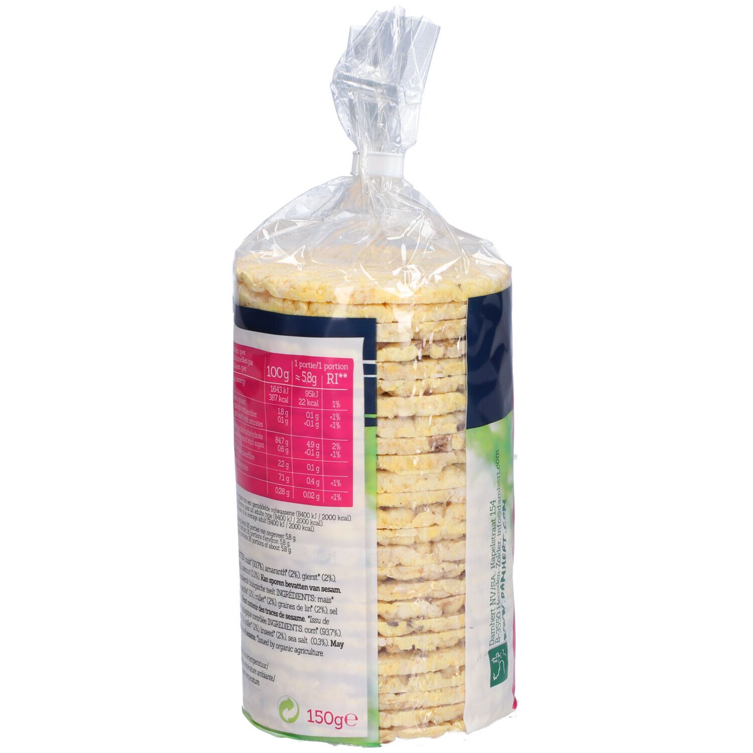 Vue latérale des galettes de maïs BIOFOOD. Emballage plastique. Inscription : Maiswafels, Galettes fines de mais. Informations nutritionnelles.