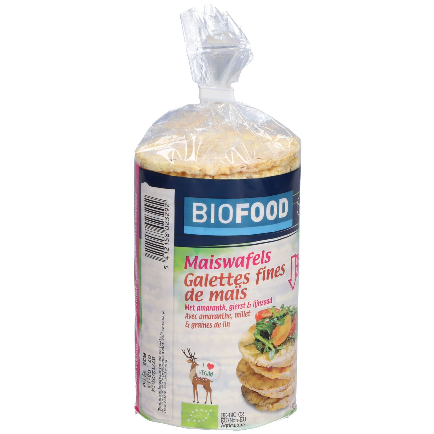Paquet de galettes de maïs BIOFOOD. Inscription : Maiswafels, Galettes fines de mais, avec graines de lin. Label bio.