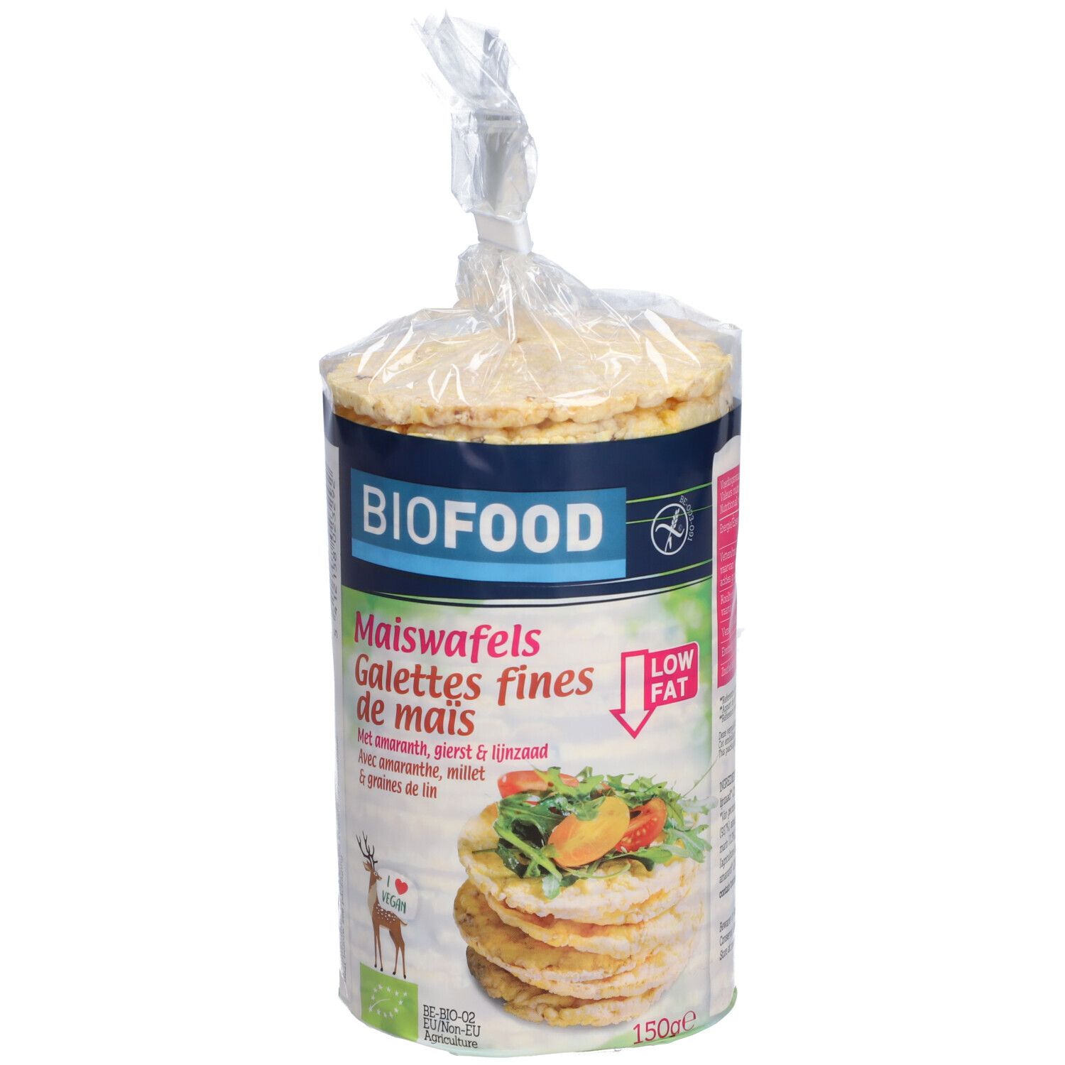 Paquet de galettes de maïs BIOFOOD. Inscription : Maiswafels, Galettes fines de mais, avec graines de lin. Low Fat.