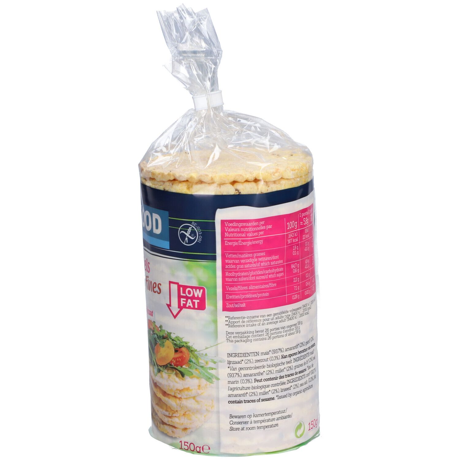 Vue latérale des galettes de maïs BIOFOOD. Emballage plastique. Inscription : Maiswafels, Galettes fines de mais. Informations nutritionnelles. Low Fat.