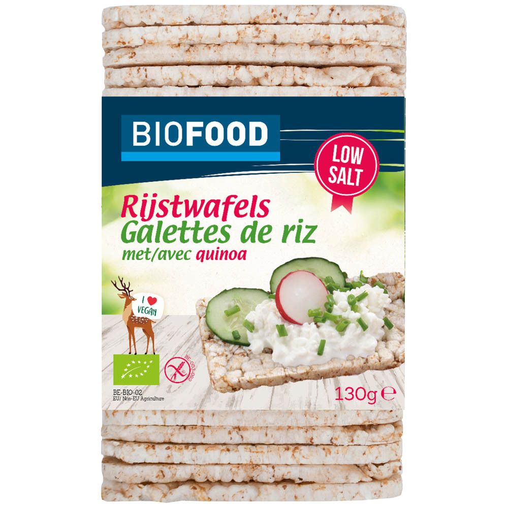 Verpackung Reiswaffeln mit Quinoa. BIOFOOD-Logo, Aufschrift "Rijstwafels Galettes de riz". Vegan- und Low-Salt-Siegel.
