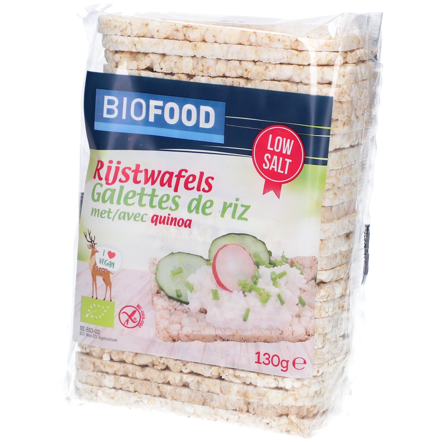 Verpackung Reiswaffeln mit Quinoa. BIOFOOD-Logo, Aufschrift "Rijstwafels Galettes de riz". Vegan- und Low-Salt-Siegel.
